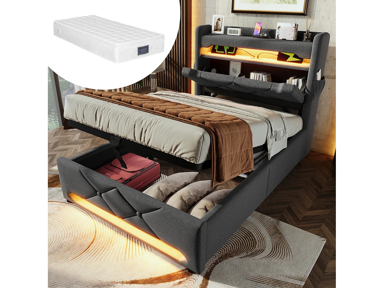 Łóżko z pojemnikiem 90x200 cm - z zagłówkiem ze złączem USB/typu C, oświetleniem LED 360° - szare, lniane - materac w cenie 4824357 - obrazek 1