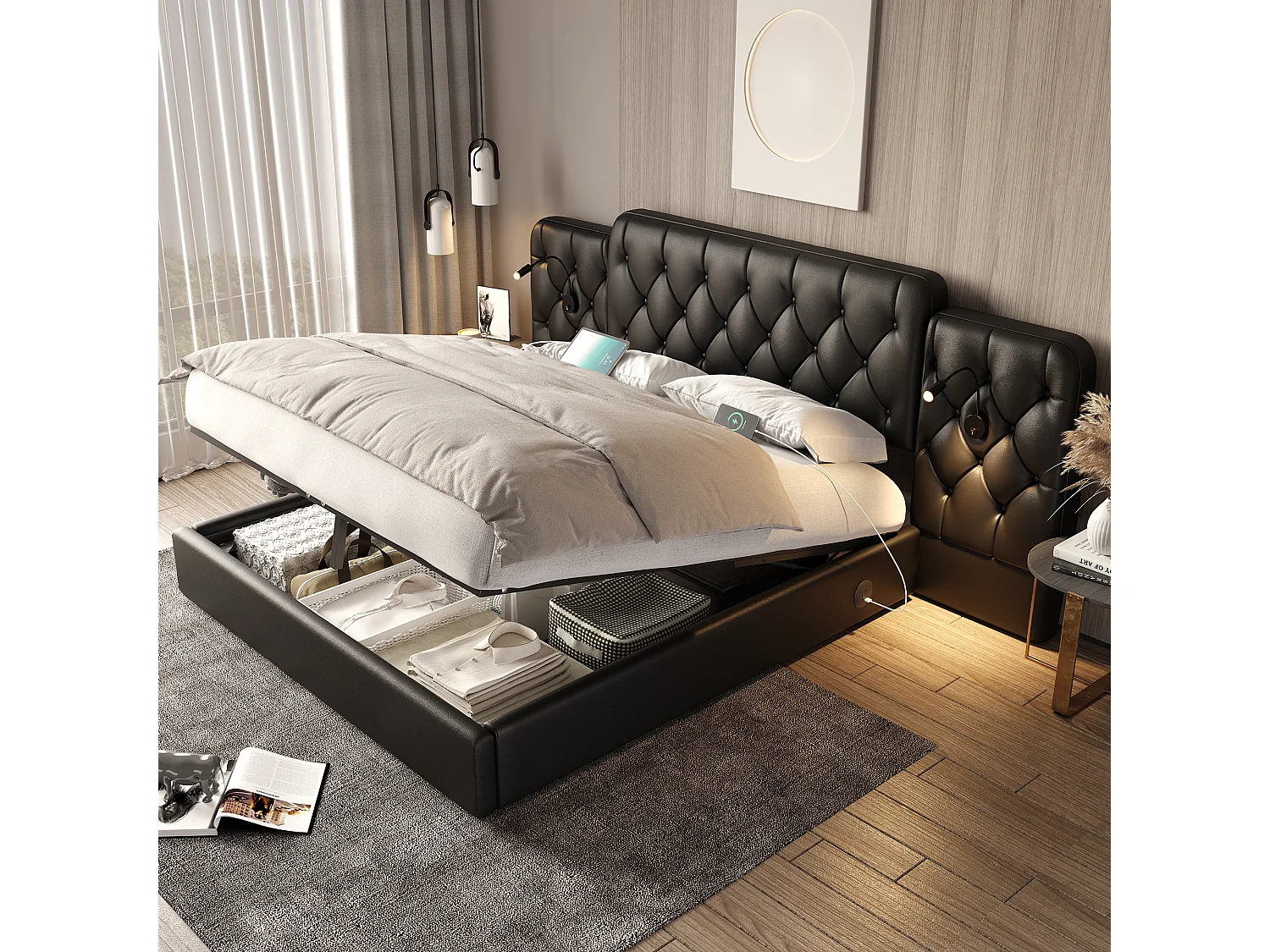 Łóżko z pojemnikiem 180x200 cm - Łóżko dla dorosłych z lampką do czytania i portami USB - czarny poliuretan - bez materaca 4824374 - obrazek 1