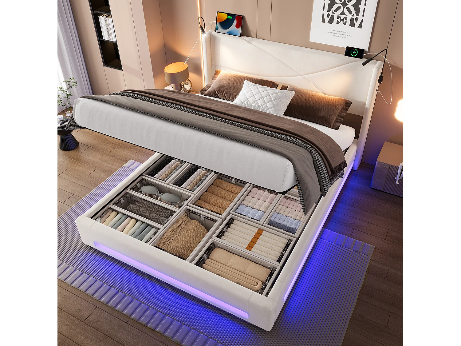Łóżko z pojemnikiem 140x200 cm - z 2 lampki do czytania i oświetlenie LED – beżowy aksamit – materac nie jest wliczony w cenę 4824380 - obrazek 1