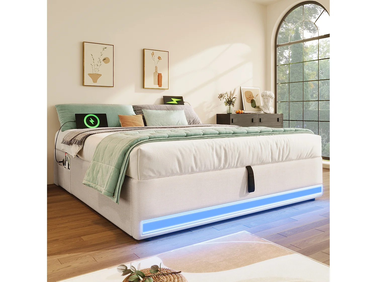 Łóżko z pojemnikiem 140x200 cm - Łóżko dla dorosłych z oświetleniem LED i USB - beżowa pościel - bez materaca 4824383 - obrazek 1