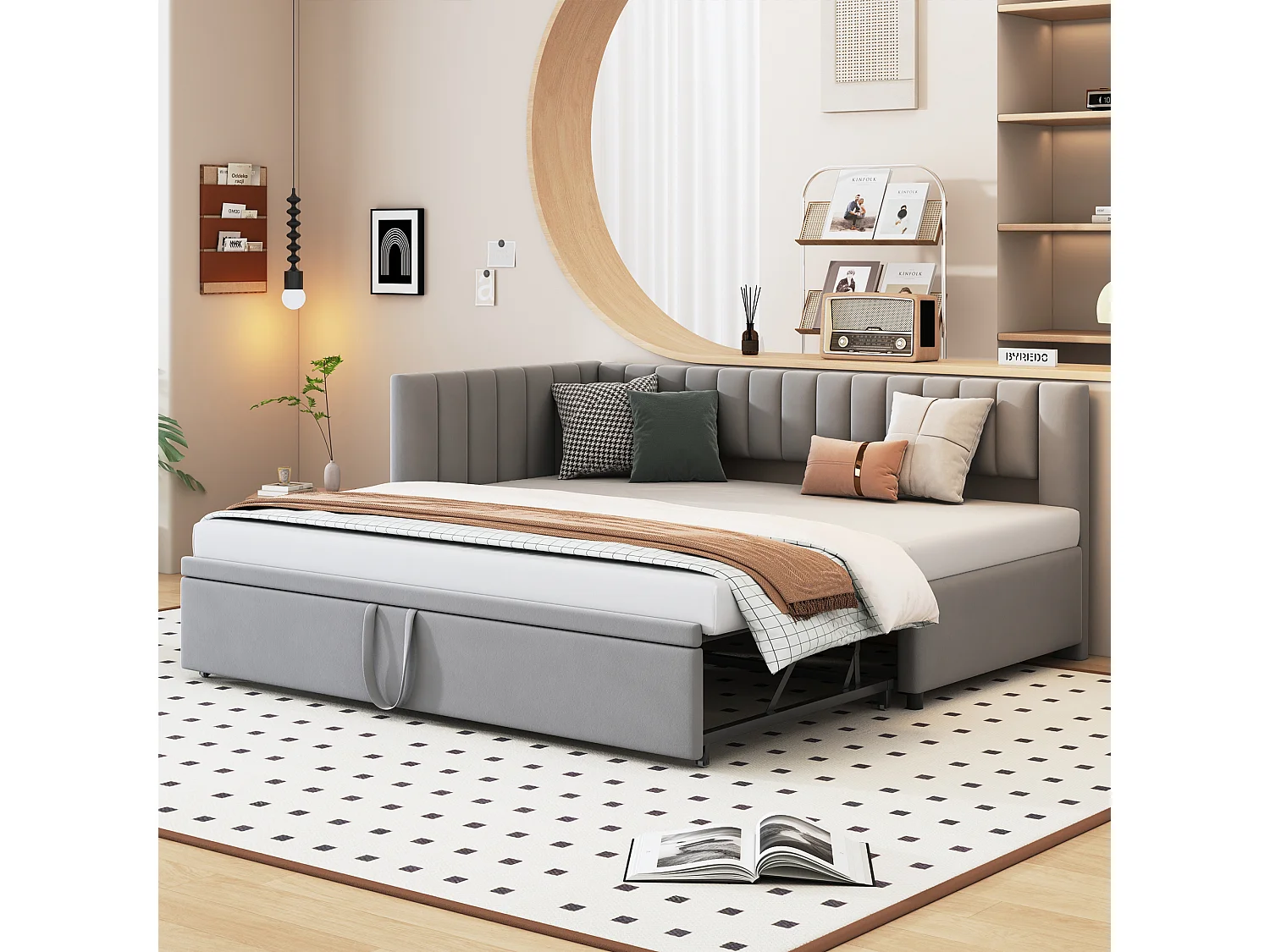 Łóżko wysuwane 90×200 cm – Łóżko dziecięce z stelażem – szary aksamit 4824385