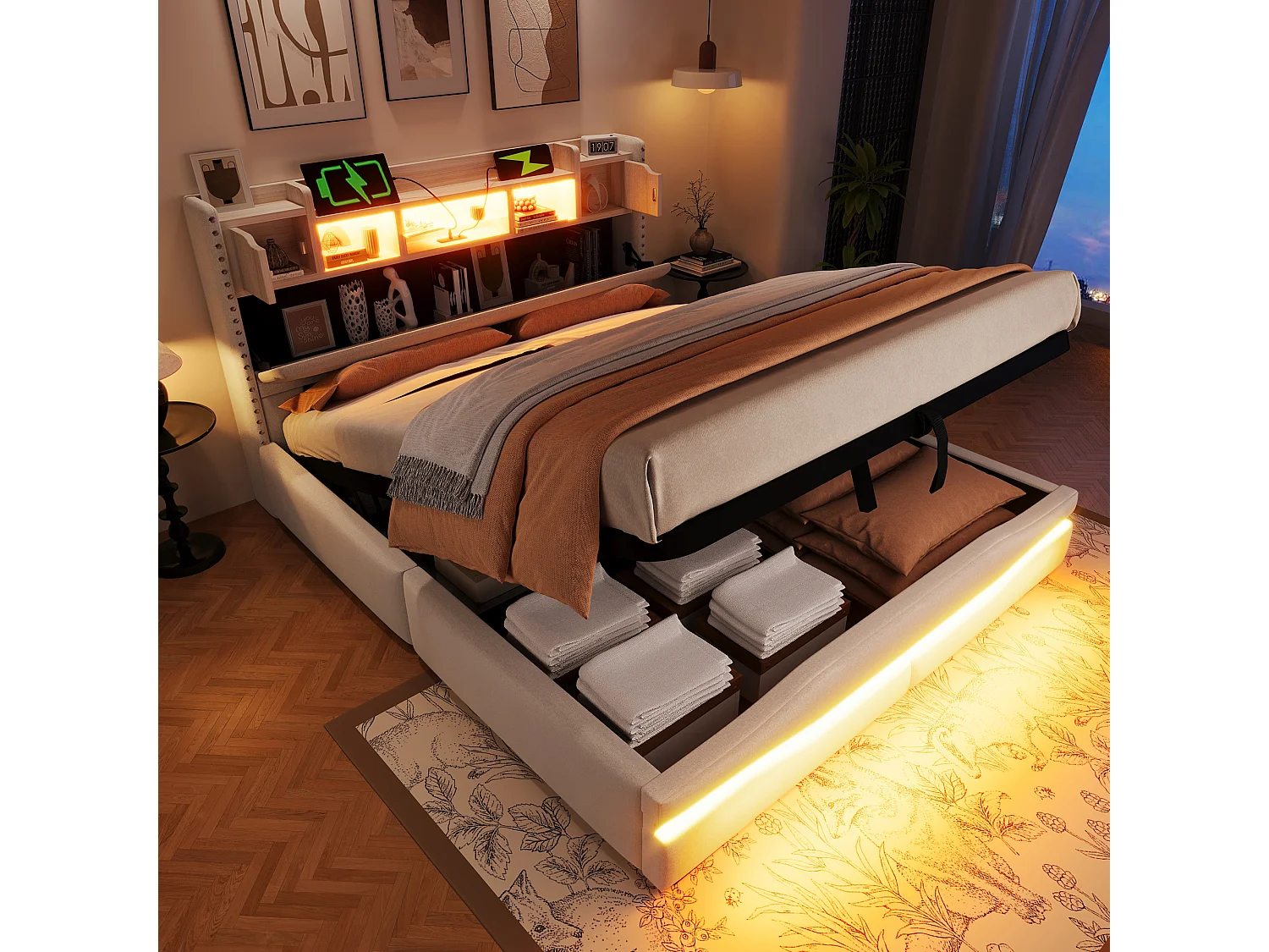 Łóżko z pojemnikiem 160 x 200 cm – z podnośnikiem hydraulicznym i oświetleniem LED – beżowy len – materac nie jest wliczony w cenę 4824389 - obrazek 1