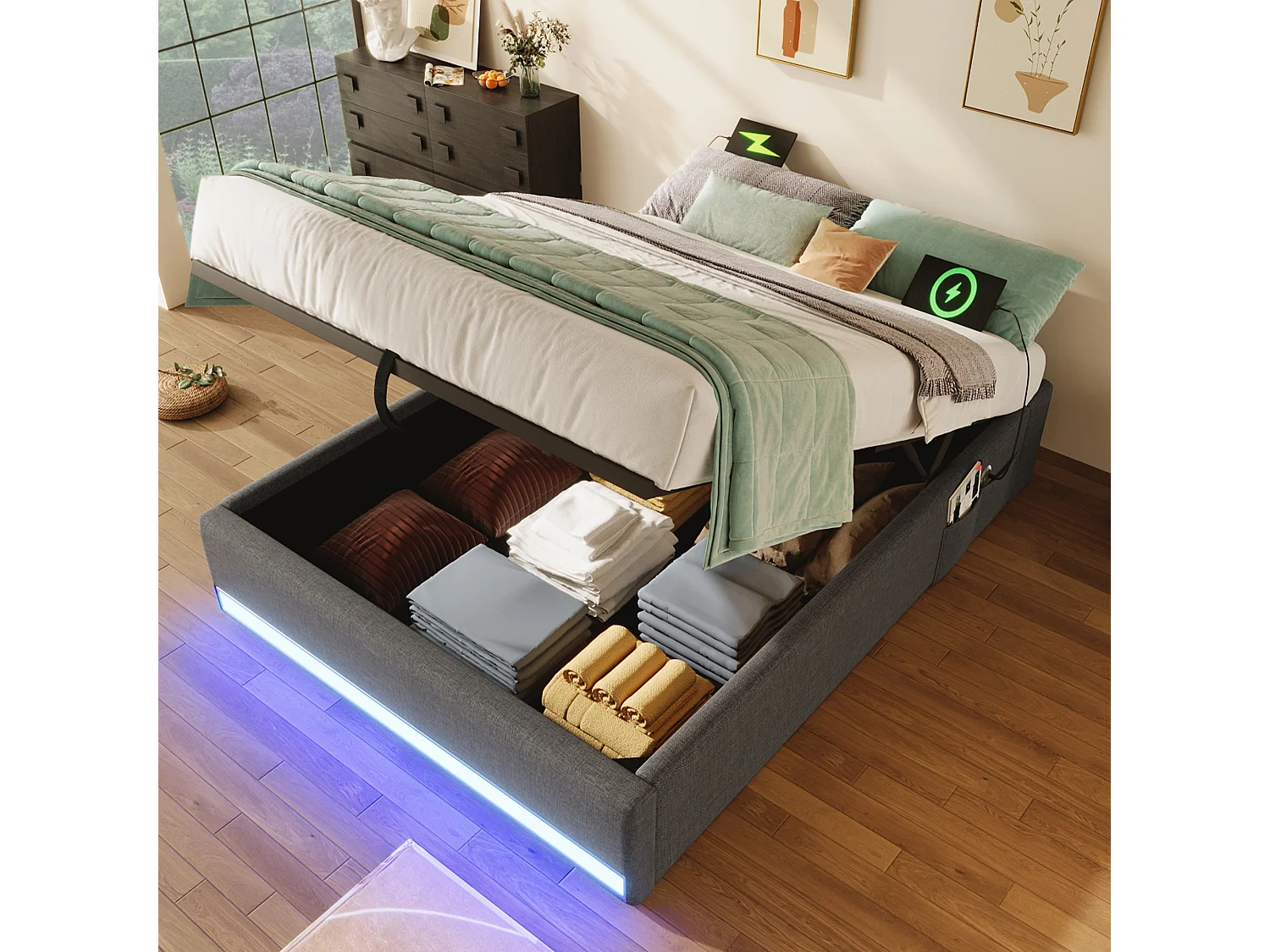 Łóżko z pojemnikiem 90x200 cm - Łóżko dziecięce z oświetleniem LED i USB - szara pościel - bez materaca 4824397 - obrazek 1