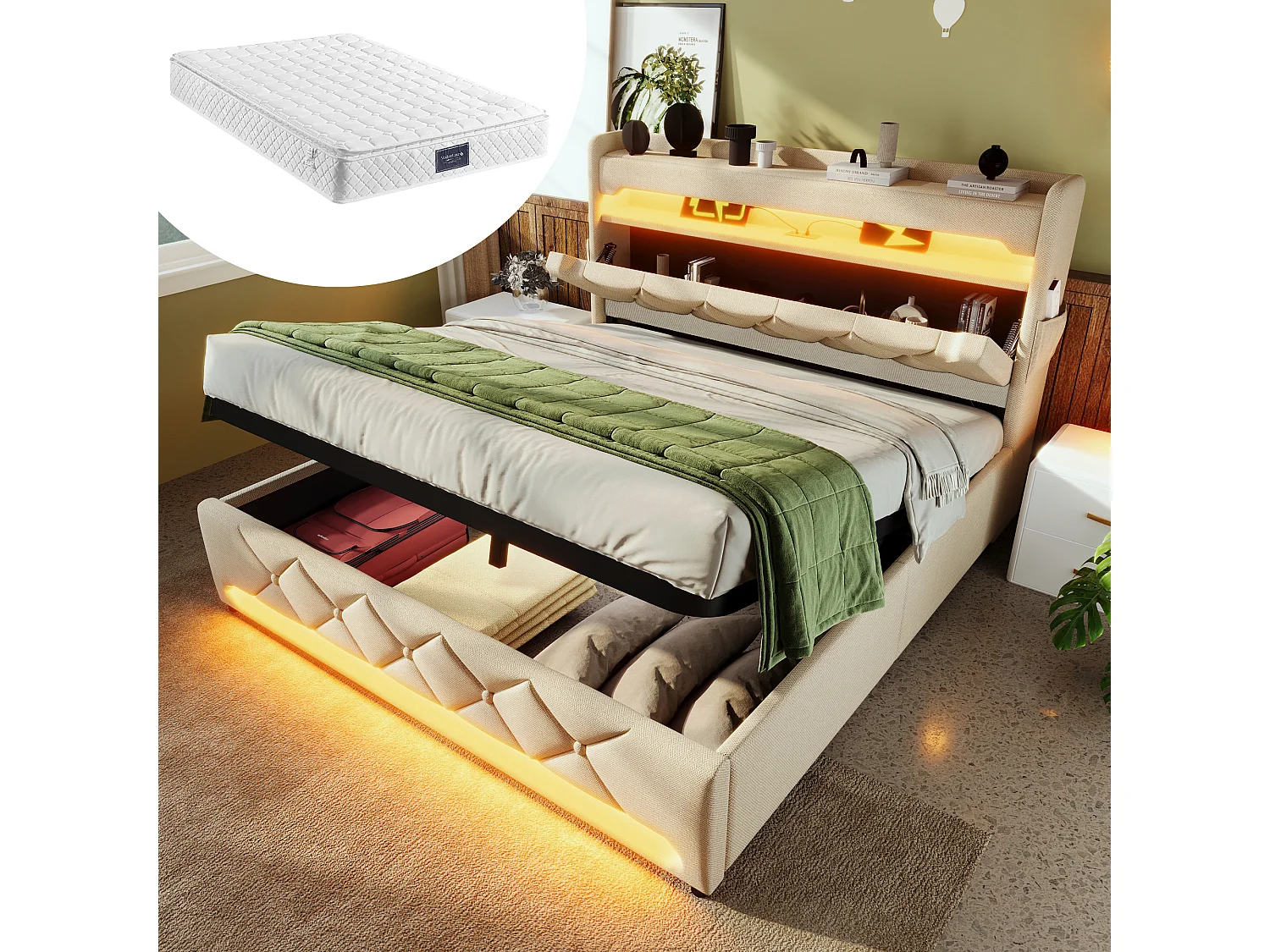 Łóżko z pojemnikiem 140x200 cm - z złączem USB i otwartym schowkiem - beżowe, lniane - materac w cenie 4824398 - obrazek 1