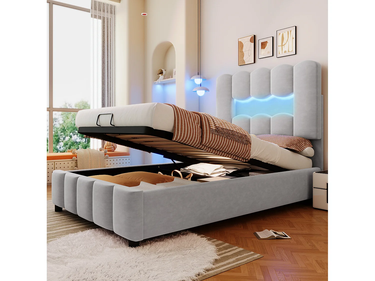 Łóżko z pojemnikiem 90 x 200 cm - Łóżko dziecięce z oświetleniem LED i regulowanym zagłówkiem - szary aksamit - materac nie jest wliczony w cenę 4824402 - obrazek 1