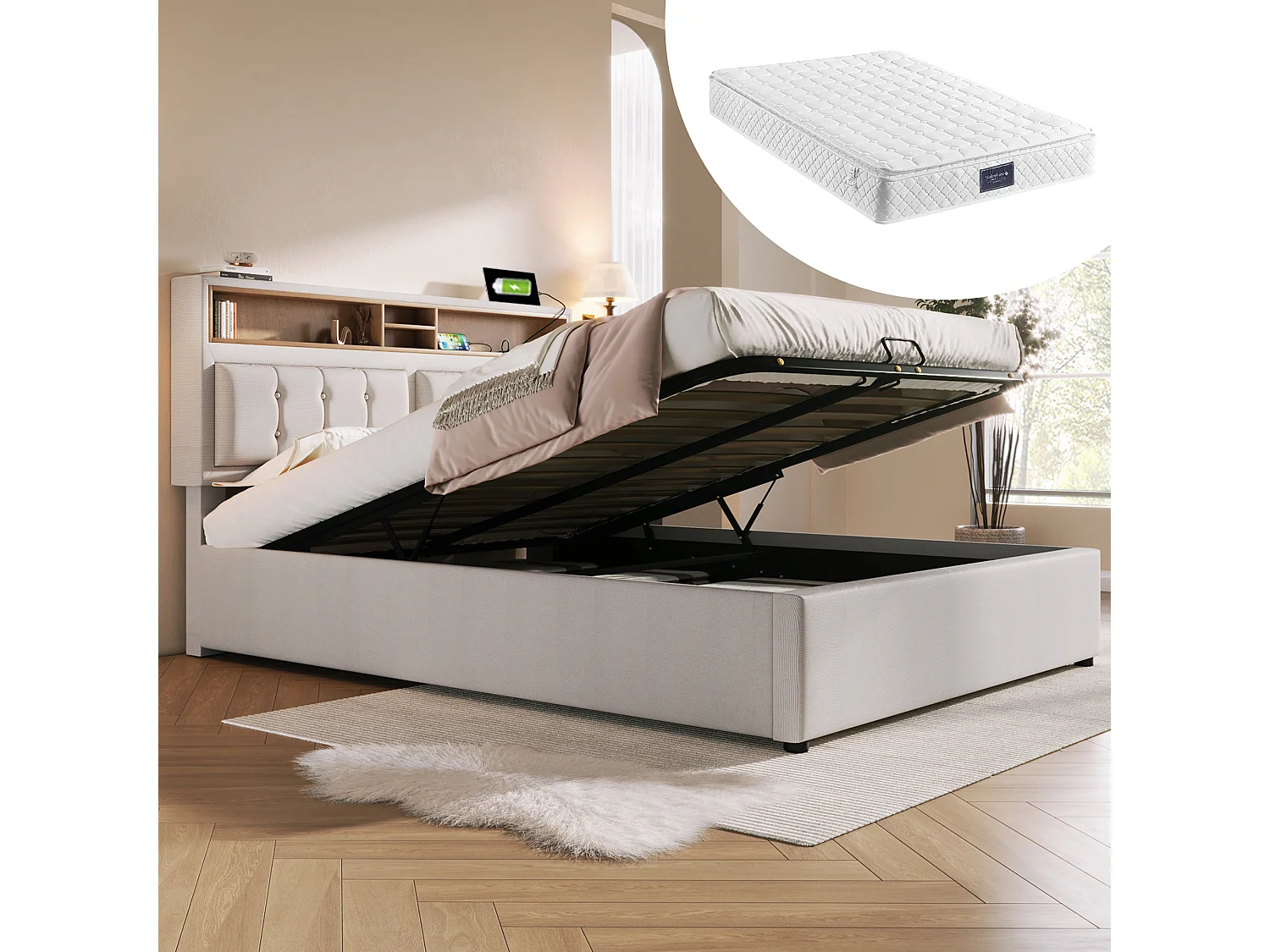 Łóżko z pojemnikiem 140x200 cm - z zagłówkiem ze schowkiem, portami USB i USB typu C - beżowy len - materac w cenie 4824407 - obrazek 1