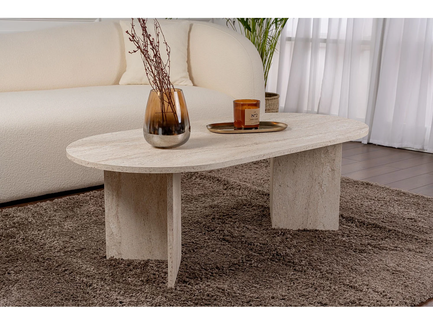 Drewniany stolik kawowy "Sand" - 60 x 119 x 40 cm - Trawertyn 4822916 - obrazek 1