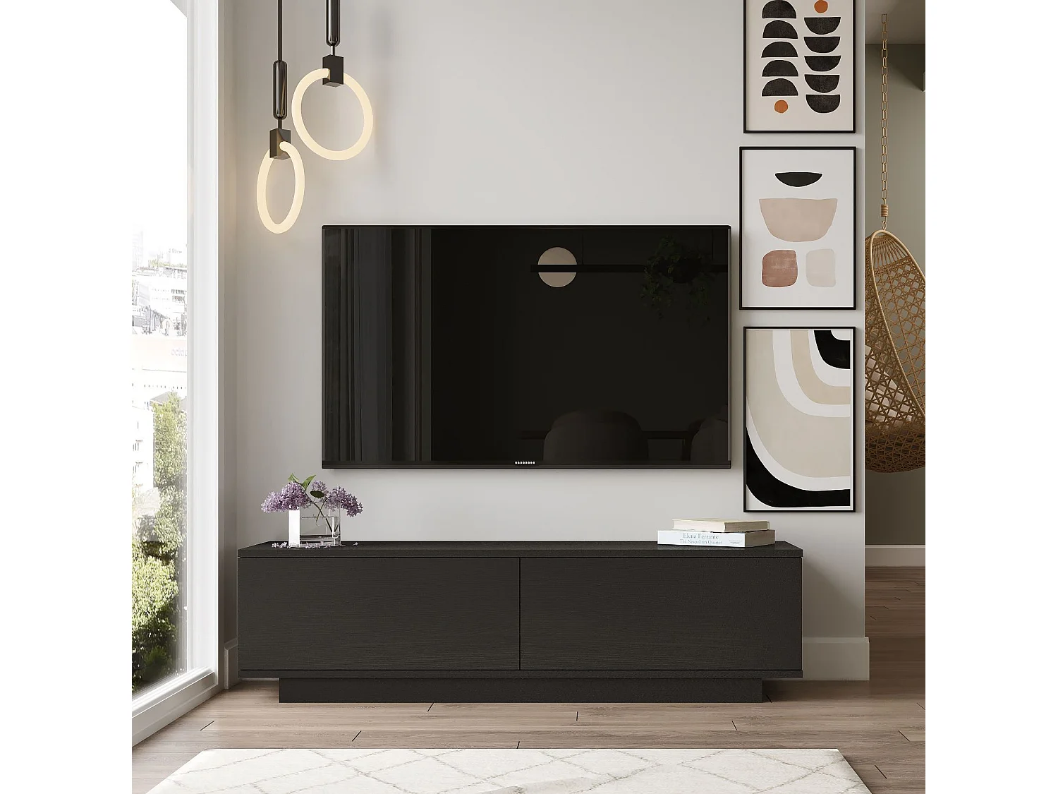Czarna drewniana szafka RTV „FN1” 140x35x38 cm z 2 drzwiami, nowoczesny design i praktyczne przechowywanie 4822862