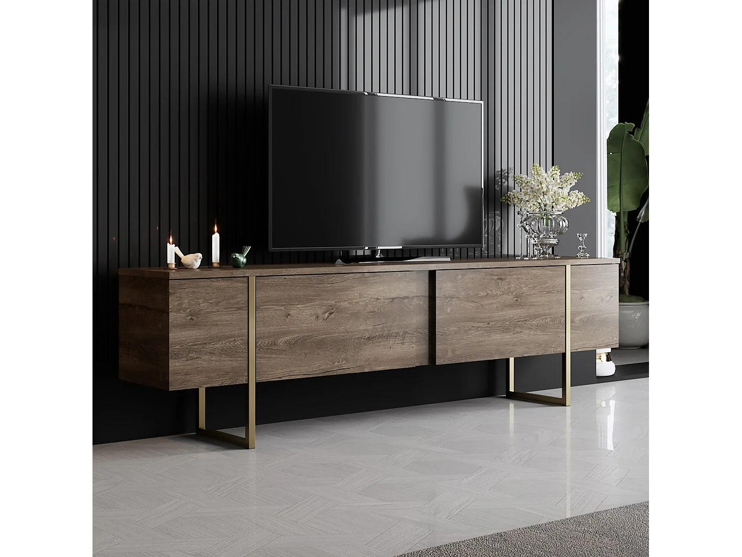 Luksusowy mebel RTV z orzecha włoskiego 180x30x50 cm, 2 drzwi, brązowe wykończenie melaminą, elegancki prostokątny design 4822884 - obrazek 1