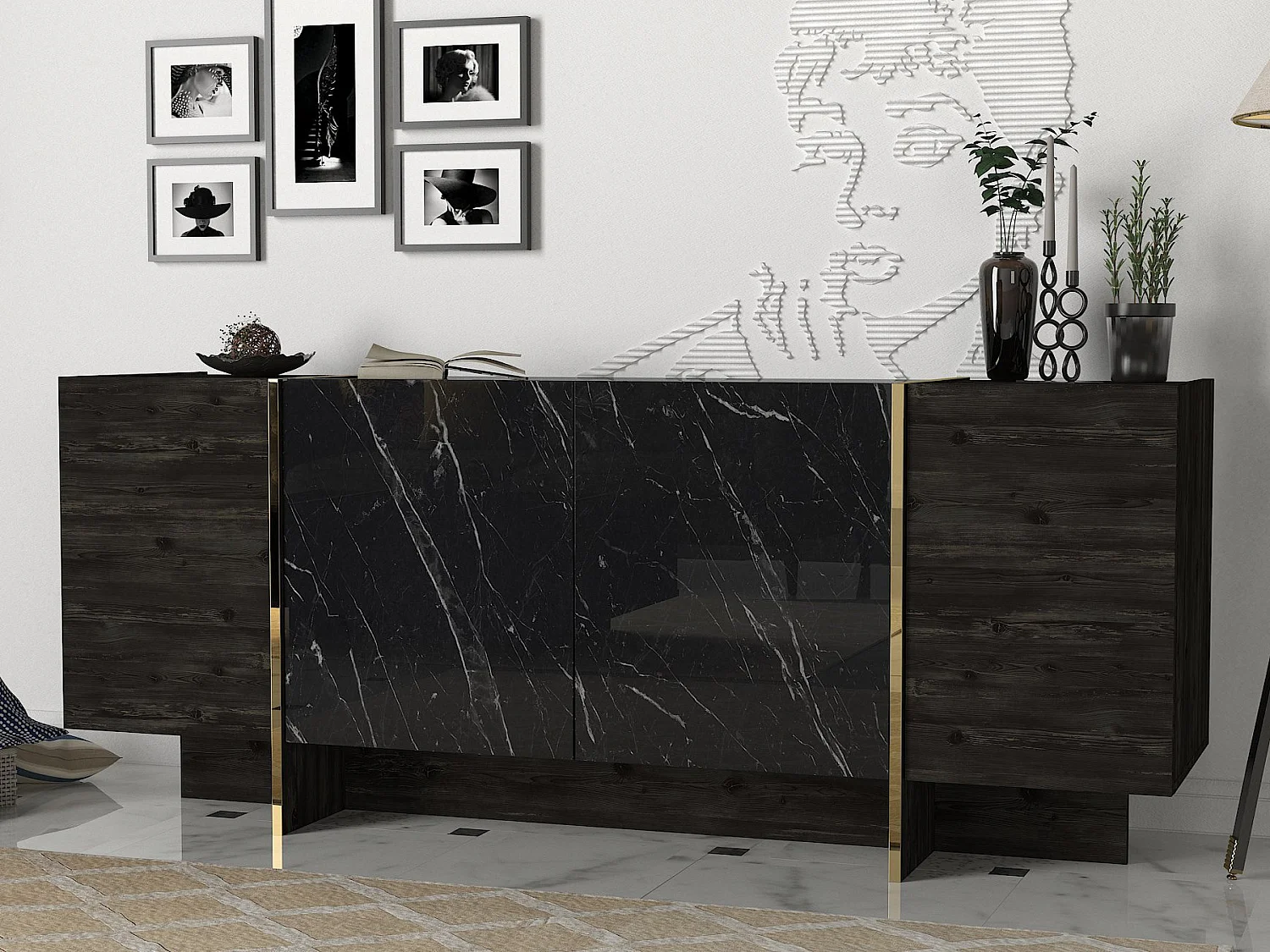 Czarny drewniany bufet Veyron 180x46x75 cm, 3 drzwi, nowoczesny styl z melaminowym wykończeniem 4825060 - obrazek 1