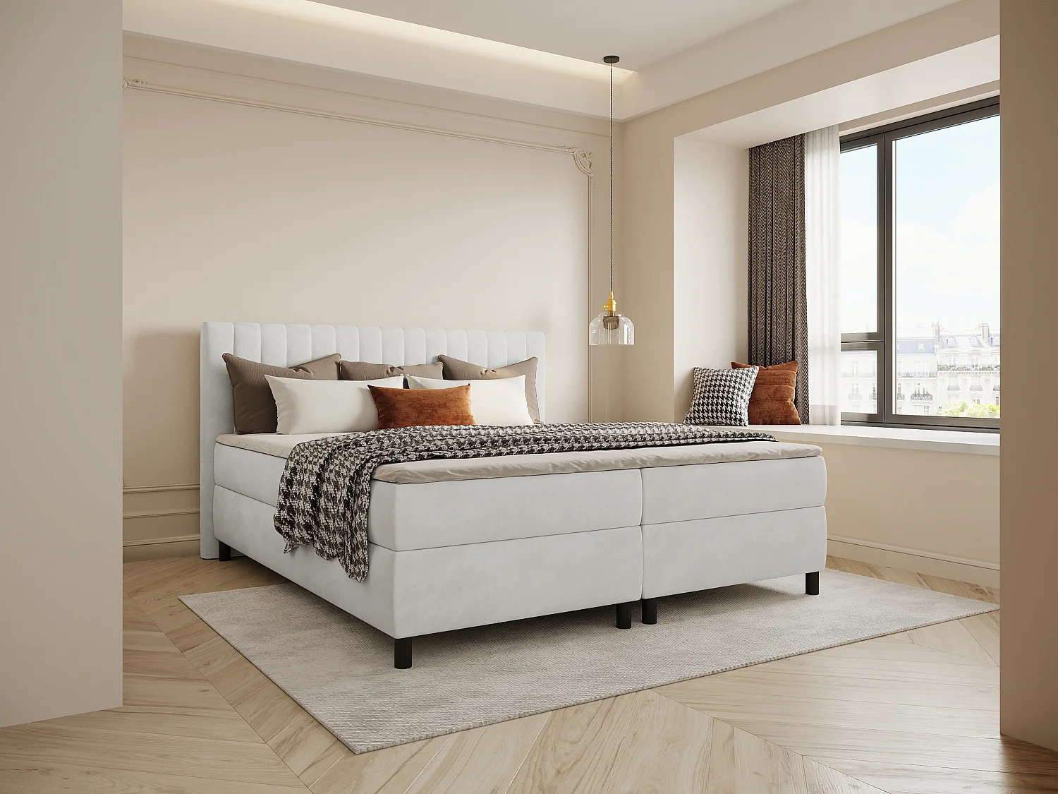 Kompletny zestaw boxspring z pionowymi przeszyciami wezgłowia + stelaż + materac + materac nawierzchniowy - 2 x 80 x 200 cm - Welur - Jasnoszary - DONISI de PALACIO 4805817 - obrazek 1