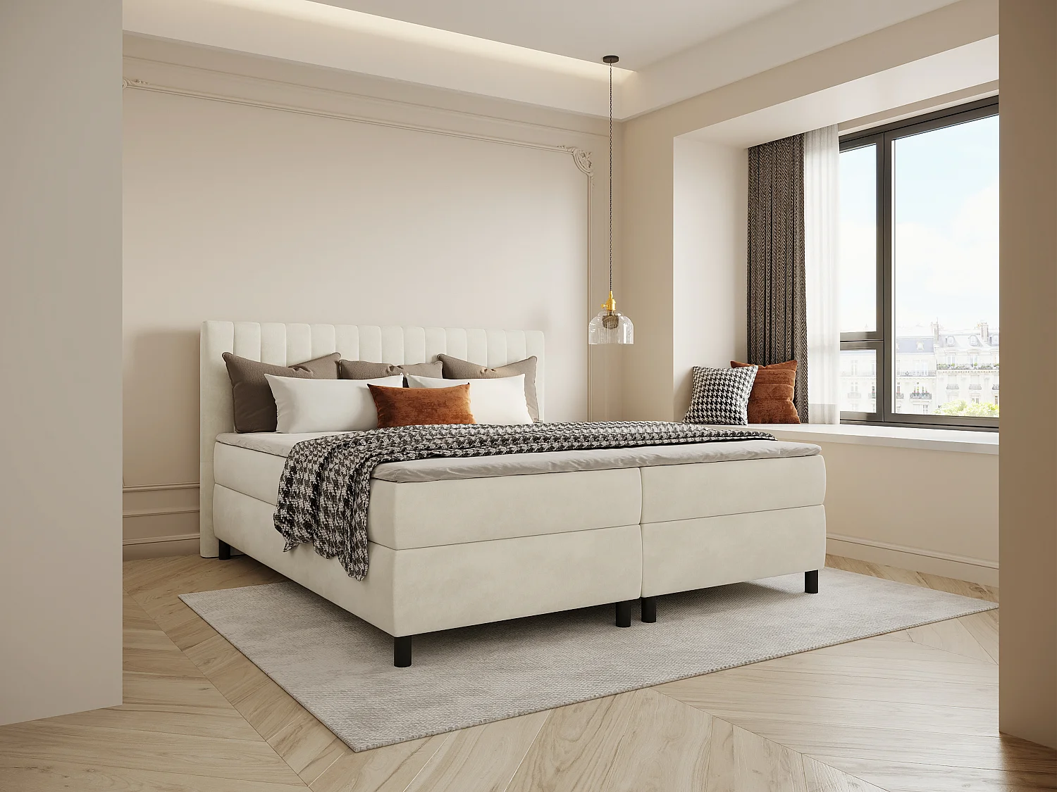 Kompletny zestaw boxspring z zagłówkiem z pionowymi szwami + stelaż + materac + materac nawierzchniowy - 2 x 90 x 200 cm - Welur - Beż - DONISI od PALACIO 4805816 - obrazek 1