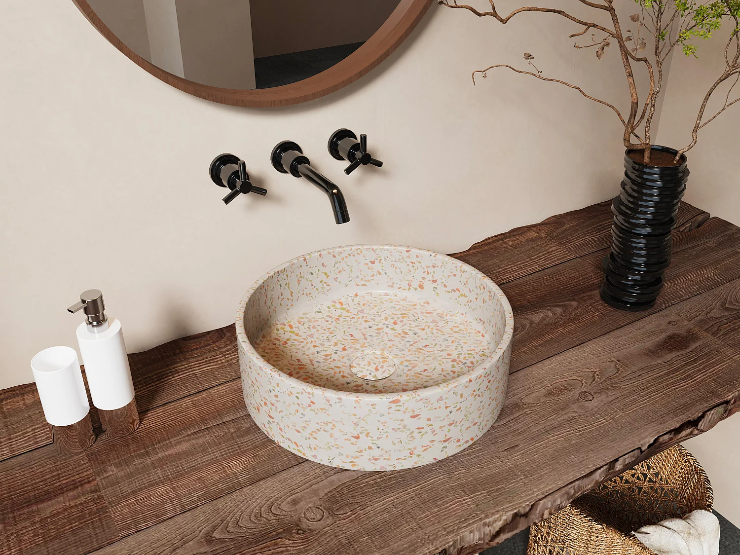 Umywalka okrągła nablatowa z różowego terazzo - 39 cm - DUKAT 3260657 - obrazek 1