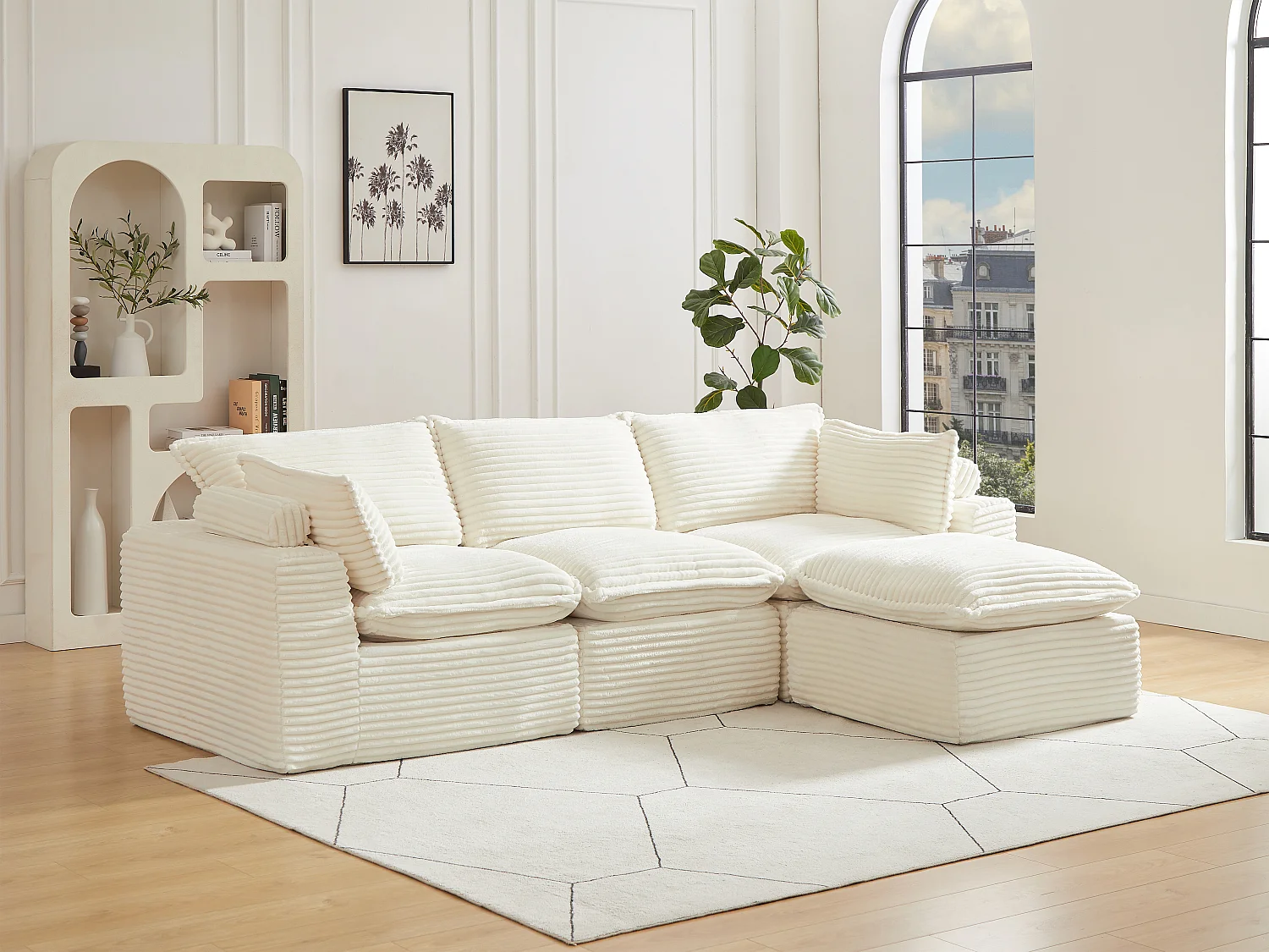 Kanapa narożna modułowa z pufą z sztruksu prążkowanego beżowego CYROMA 4132064