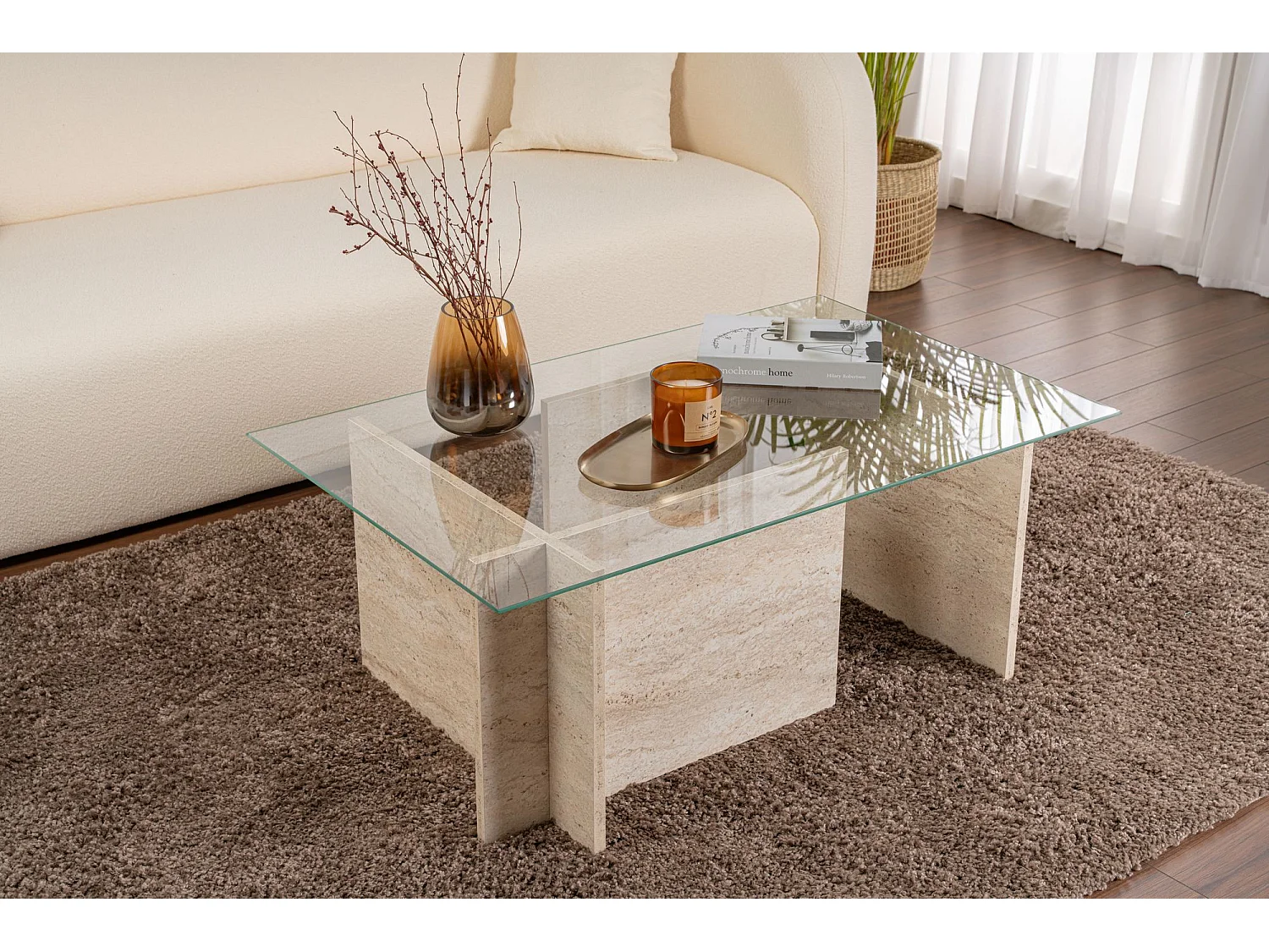 Drewniany stolik kawowy "Vetrino" - 105 x 65 x 40 cm - trawertyn 4831590 - obrazek 1