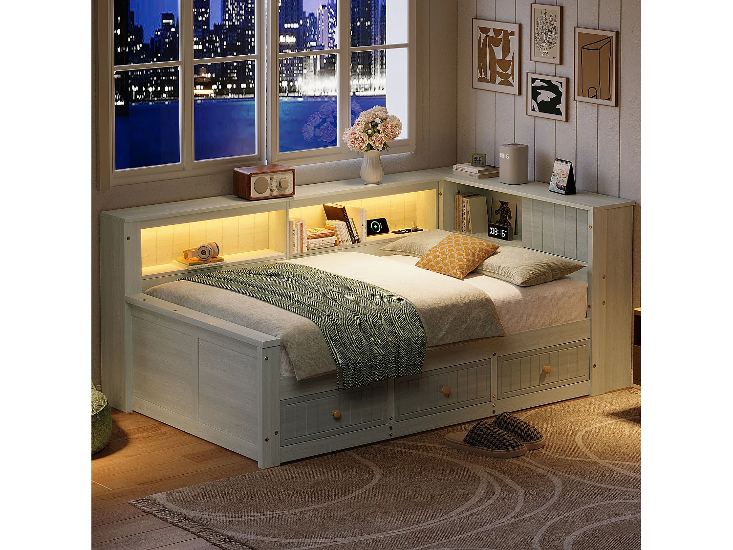 Drewniana sofa dziecięca z funkcją spania - 90 x 200 cm - z półką do przechowywania + 3 szuflady + diody LED - płyta MDF + sklejka - szara 4832314 - obrazek 1