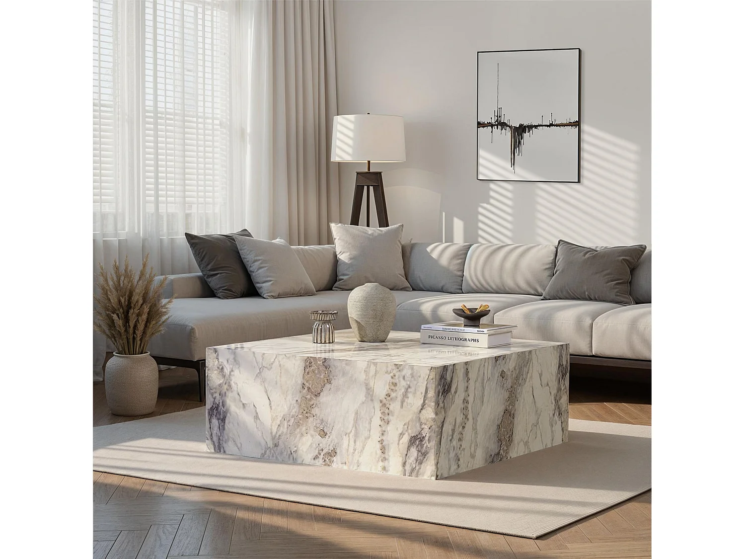 Drewniany stolik kawowy "Prizma" - 90 x 90 x 35 cm - marmur frezja 4832898 - obrazek 1
