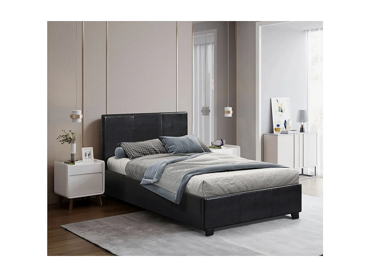 Łóżko z Pojemnikiem PVC "Carla" - Czarne - 90x190 cm - Łóżko Jednoosobowe z Zagłówkiem i Stelażem Z Listewek 571315 - obrazek 1