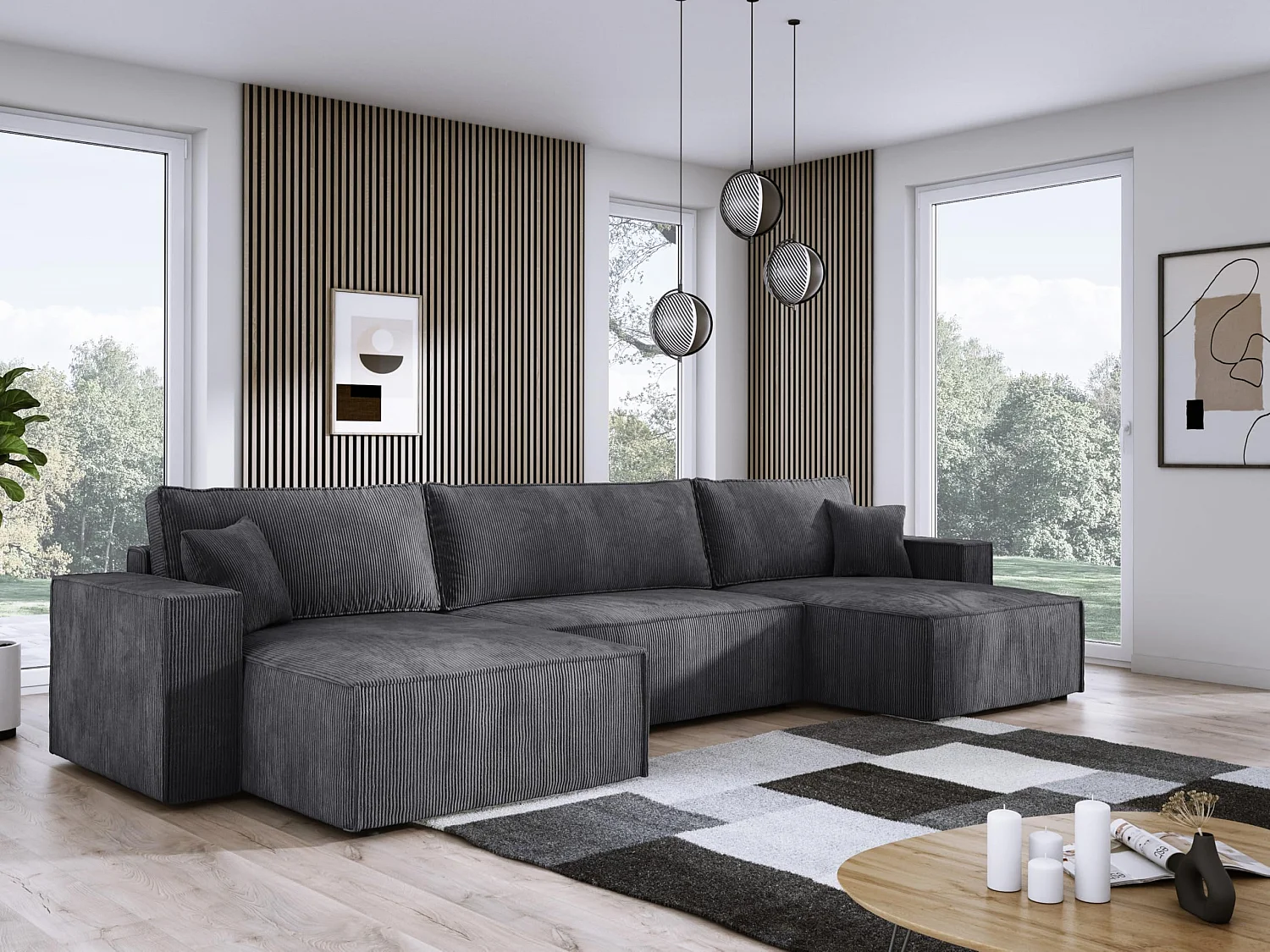 DomoHome Narożnik XXL w kształcie litery U z łóżkiem 330x130cm, miękkie poduszki, skrzynia, wysokiej jakości tapicerka, grafitowy, 377x143x83cm 3911976 - obrazek 1