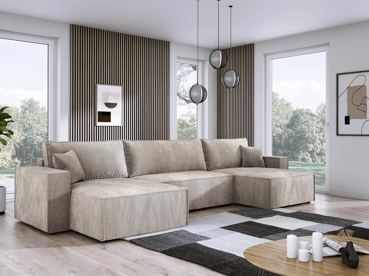 DomoHome Narożnik XXL w kształcie litery U z łóżkiem 330x130cm, miękkie poduszki, skrzynia, wysokiej jakości tapicerka, beżowy, 377x143x83cm 3911967 - obrazek 1