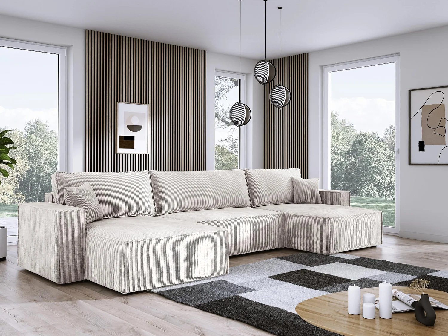 DomoHome XXL Narożnik w kształcie litery U z łóżkiem 330x130cm, miękkie poduszki, skrzynia, wysokiej jakości tapicerka, biały, 377x143x83cm 3912077 - obrazek 1