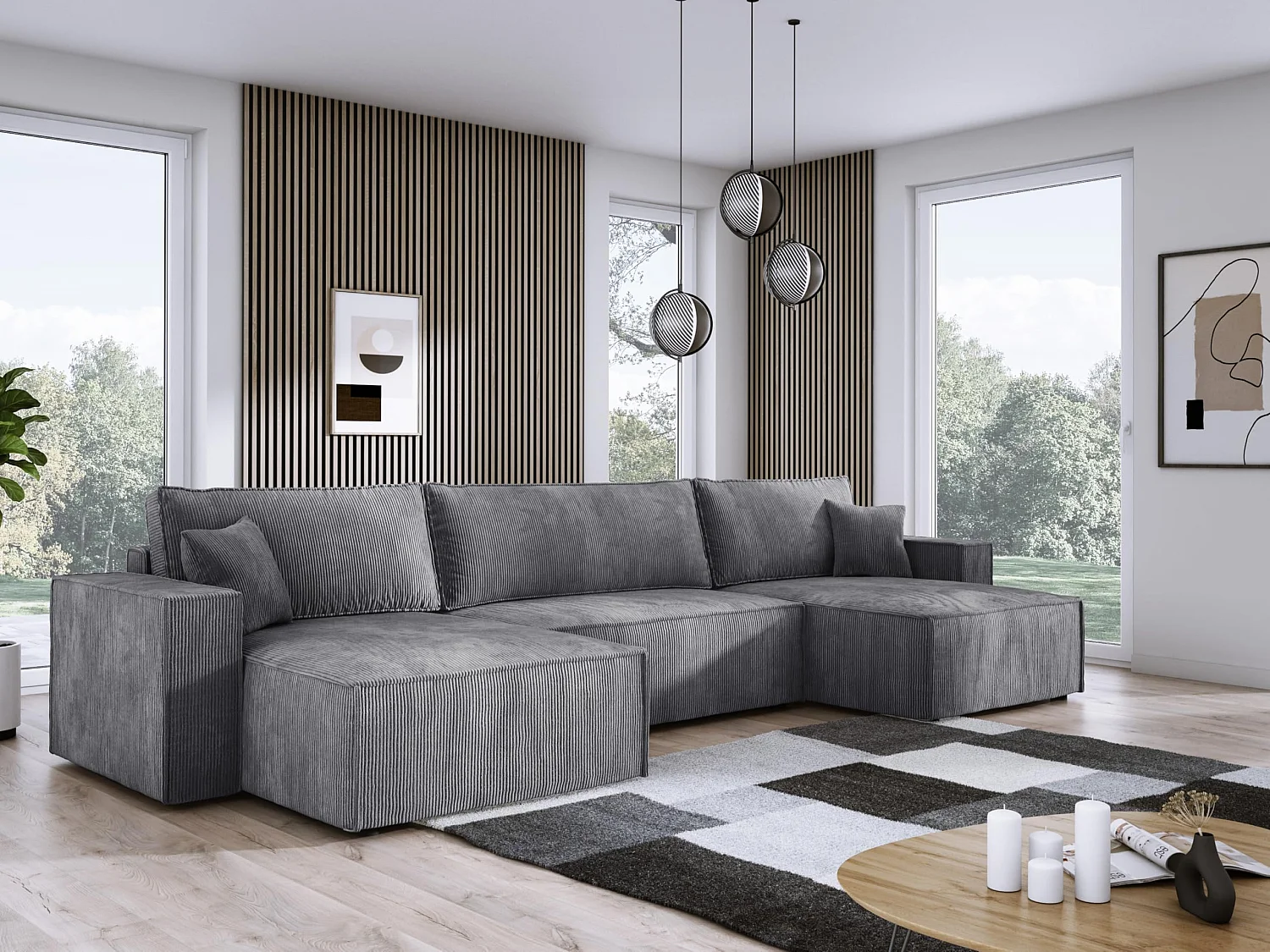 DomoHome XXL Narożnik w kształcie litery U z łóżkiem 330x130cm, miękkie poduszki, skrzynia, wysokiej jakości tapicerka, szary, 377x143x83cm 3912034 - obrazek 1