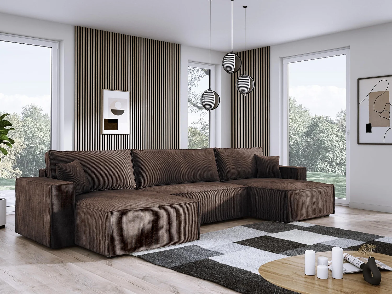 DomoHome Narożnik XXL w kształcie litery U z łóżkiem 330x130cm, miękkie poduszki, skrzynia, wysokiej jakości tapicerka, brązowy, 377x143x83cm 3911996 - obrazek 1