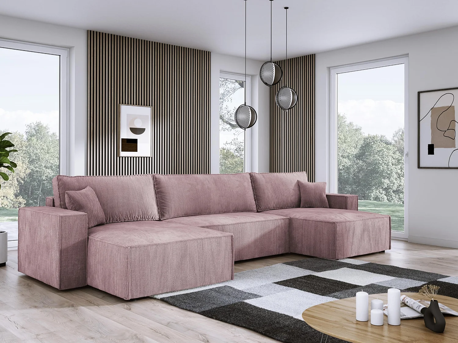 DomoHome Narożnik XXL w kształcie litery U z łóżkiem 330x130cm, miękkie poduszki, skrzynia, wysokiej jakości tapicerka, pudrowy róż, 377x143x83cm 3912093 - obrazek 1