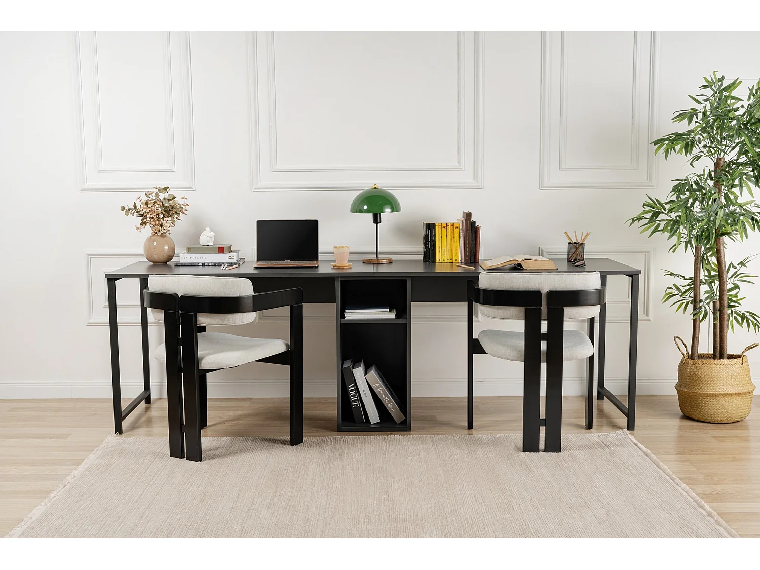 „Podwójne Biurko Naukowe – Biurko z Drewna Anthracite Noir z 2 Półkami 240x60x74cm” 4833345