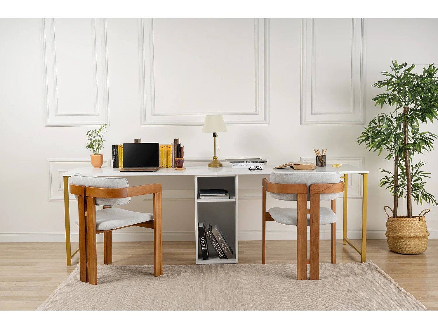 Biurko "Twin Study Desk" Biurko drewniane z 2 półkami - Biało-Złote 240 x 60 x 74 cm 4833346 - obrazek 1