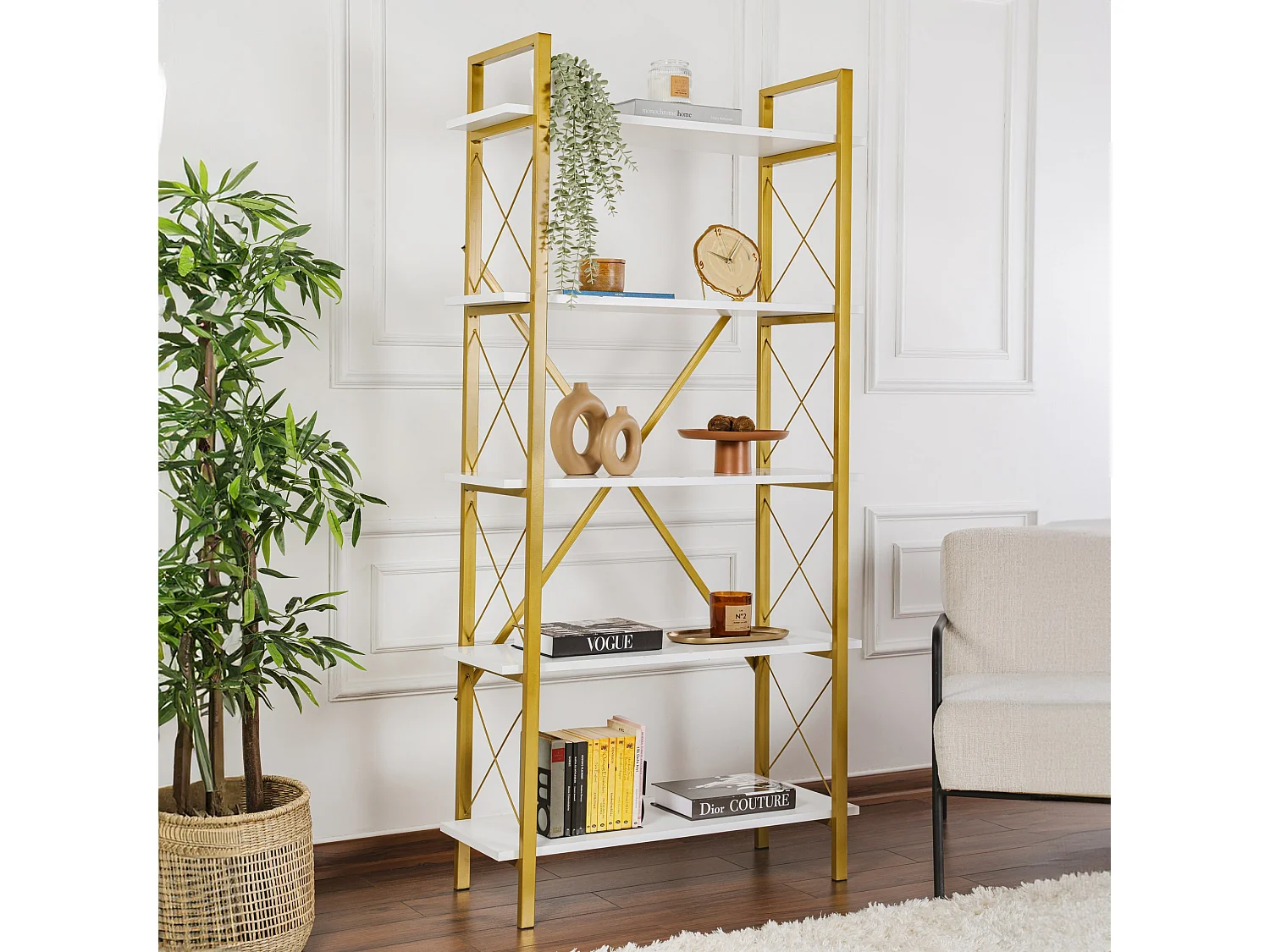 "Elysian Drewniana Biblioteczka - Biało-Złota - 90 x 33 x 180 cm - 5.0 Półek" 4833492 - obrazek 1