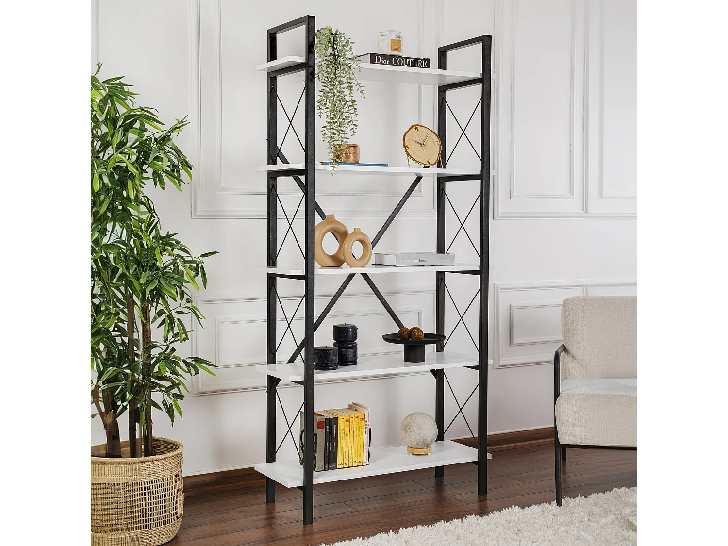 „Elysian Drewniana Biblioteczka – 90 x 33 x 180 cm – Biały/Czarny – 5 półek” 4833720