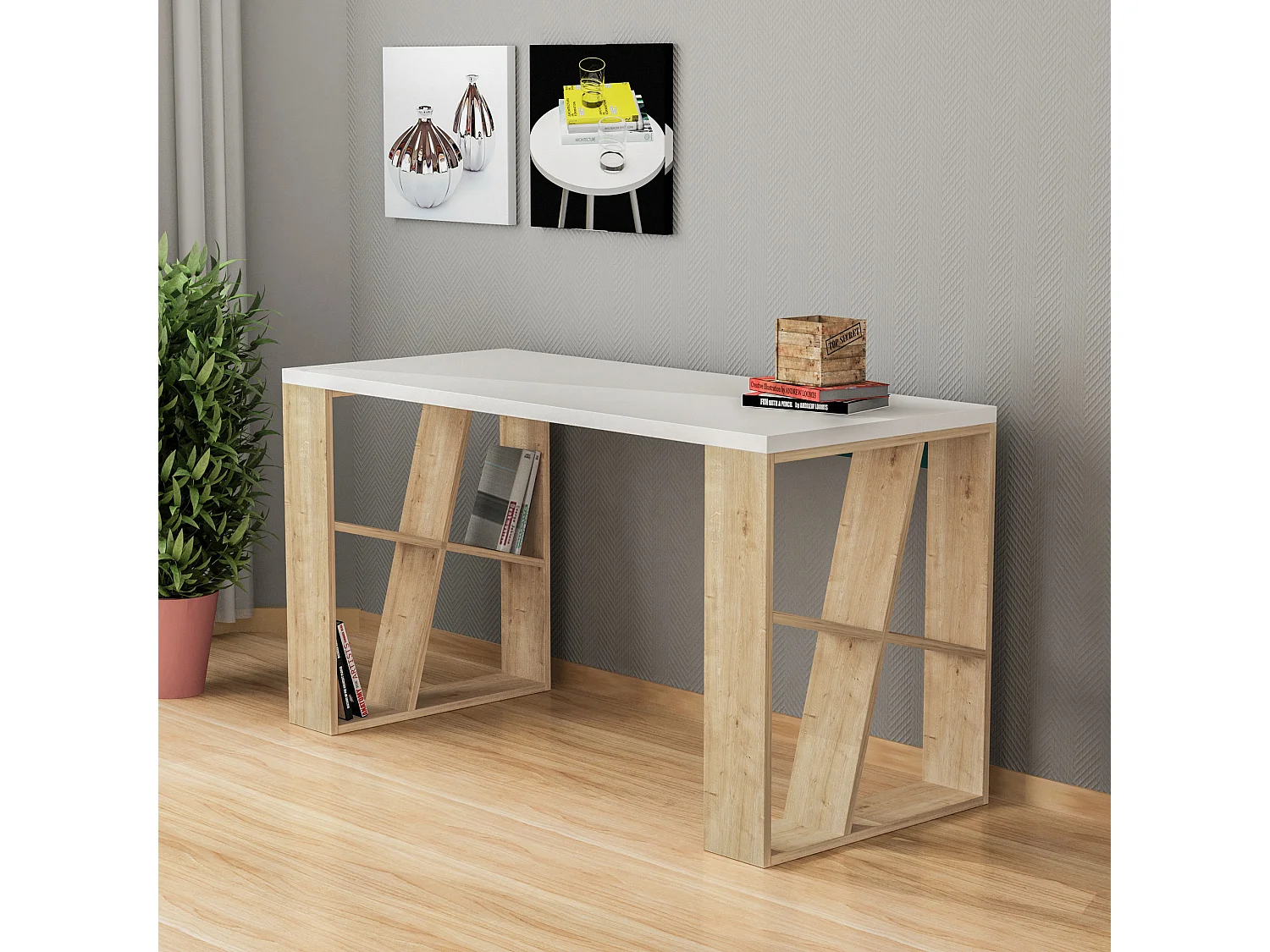 Drewniane biurko "Honey" 140x60x75 cm, biały dąb, nowoczesny skandynawski design, bez przechowywania 4833745 - obrazek 1