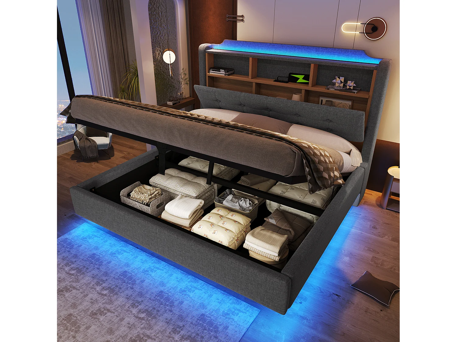 Łóżko z pojemnikiem 140 x 200 cm – z zagłówkiem, schowkiem i oświetleniem LED – szare – materac nie jest wliczony w cenę 4836546 - obrazek 1