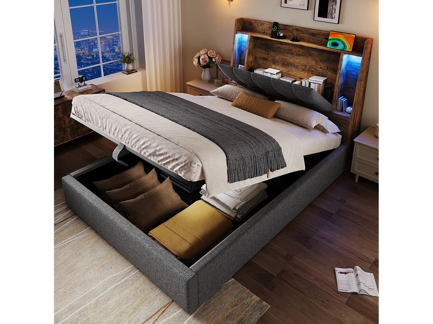 Łóżko z pojemnikiem 90x200 cm - z zagłówkiem, schowkiem, portem USB i USB typu C, oświetleniem LED - szary len - materac nie jest wliczony w cenę 4836550 - obrazek 1