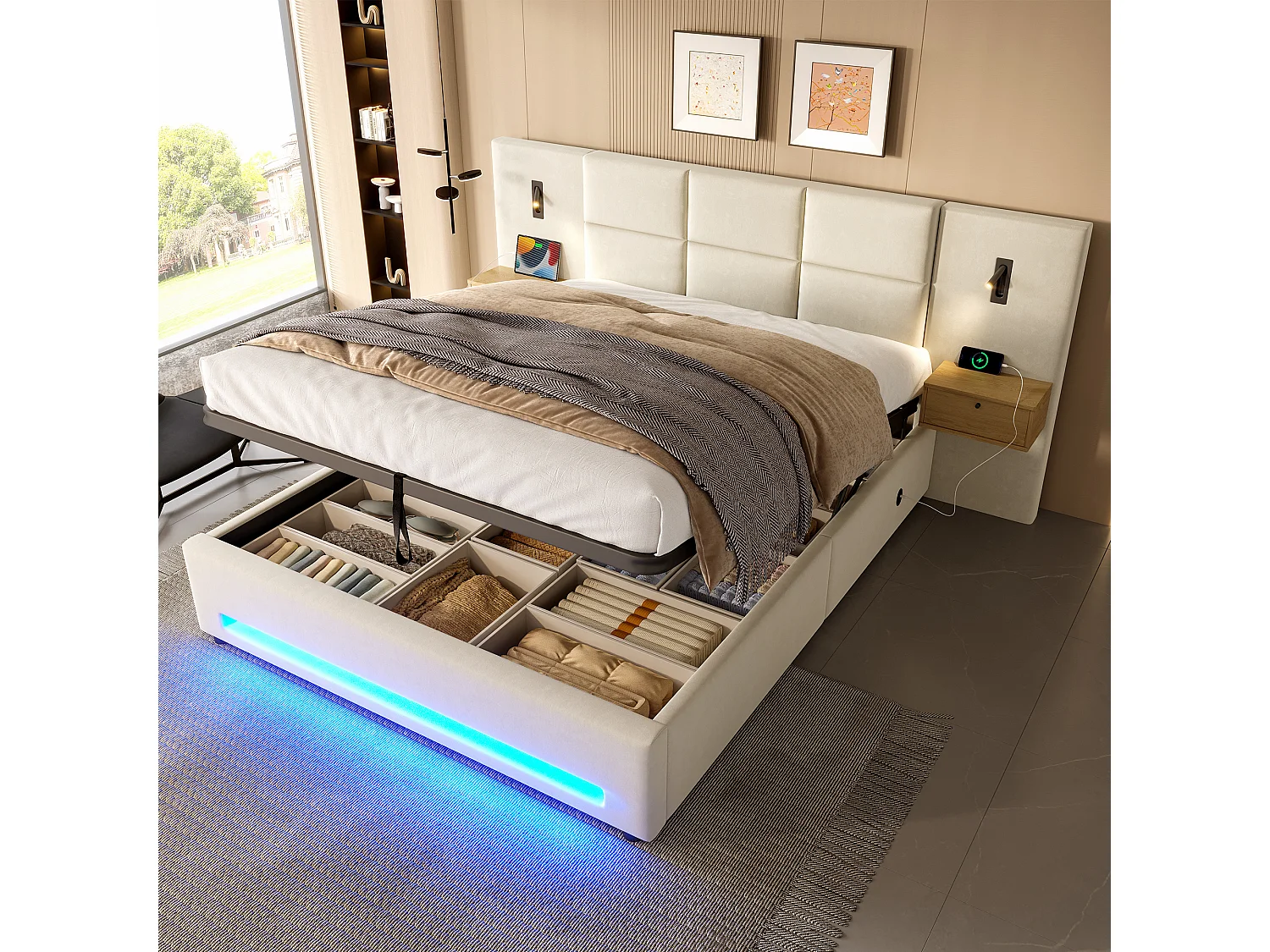 Łóżko z pojemnikiem 180x200 cm - z 2 stolikami nocnymi, LED i portami USB - beżowy aksamit - materac nie jest wliczony w cenę 4836558 - obrazek 1