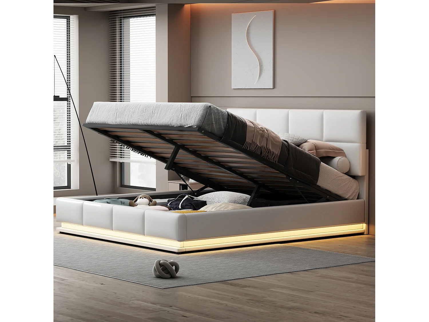 Łóżko z pojemnikiem 180 x 200 cm - z oświetleniem LED, podnośnikiem hydraulicznym, dnem z listew - białe PU - bez materaca 4836579 - obrazek 1