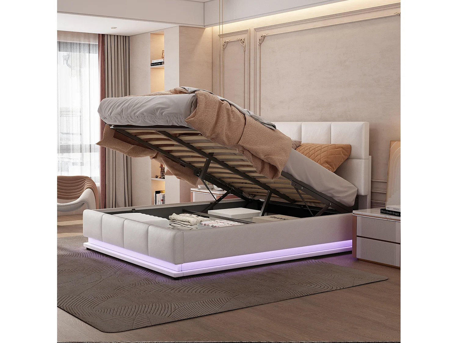 Łóżko z pojemnikiem 140 x 200 cm - z oświetleniem LED, podnośnikiem hydraulicznym, dnem z listew - białe PU - bez materaca 4836574 - obrazek 1