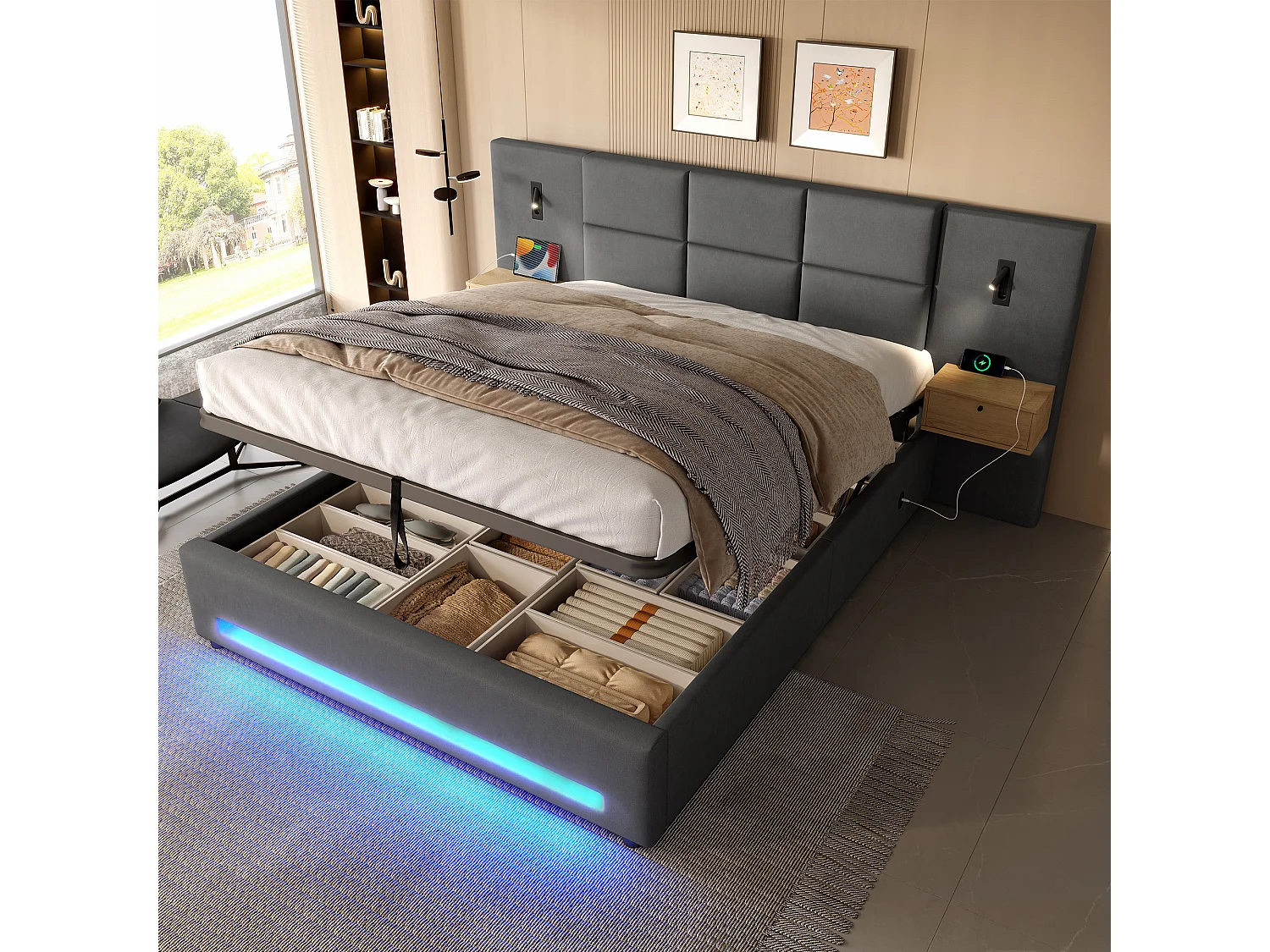Łóżko z pojemnikiem 180x200 cm - z 2 stolikami nocnymi, LED i portami USB - ciemnoszary aksamit - materac nie jest wliczony w cenę 4836581 - obrazek 1