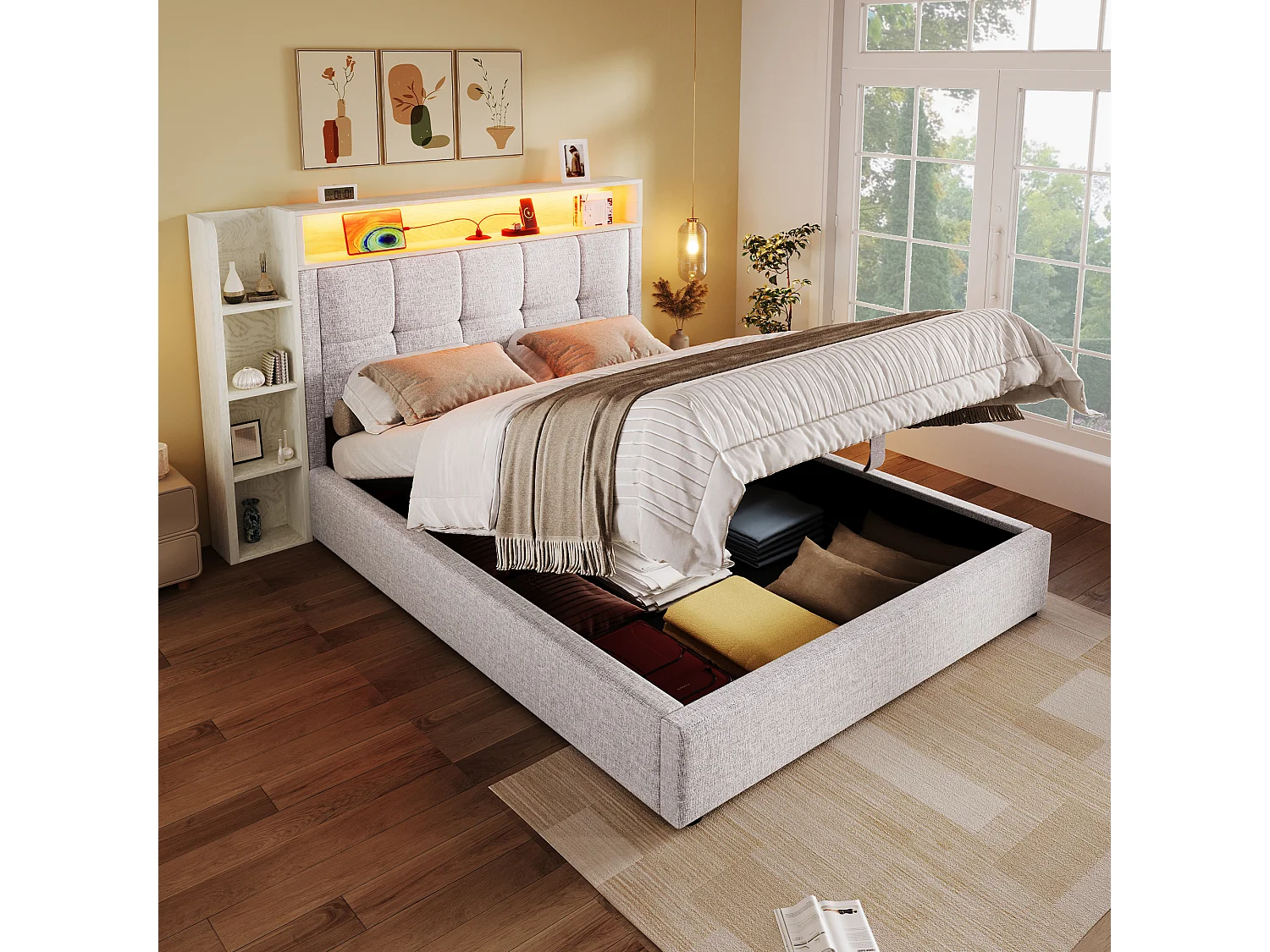 Łóżko z pojemnikiem 90x200 cm - z zagłówkiem, schowkiem i oświetleniem LED - beżowy len - materac nie jest wliczony w cenę 4836576 - obrazek 1