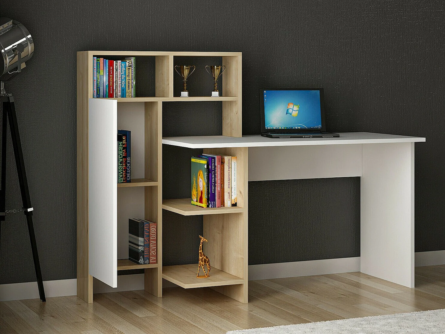 Drewniane biurko „Bugra” białe i dębowe z 13 półkami i 12 niszami, 60x70x73 cm, design Habitat i Jardin 4836610