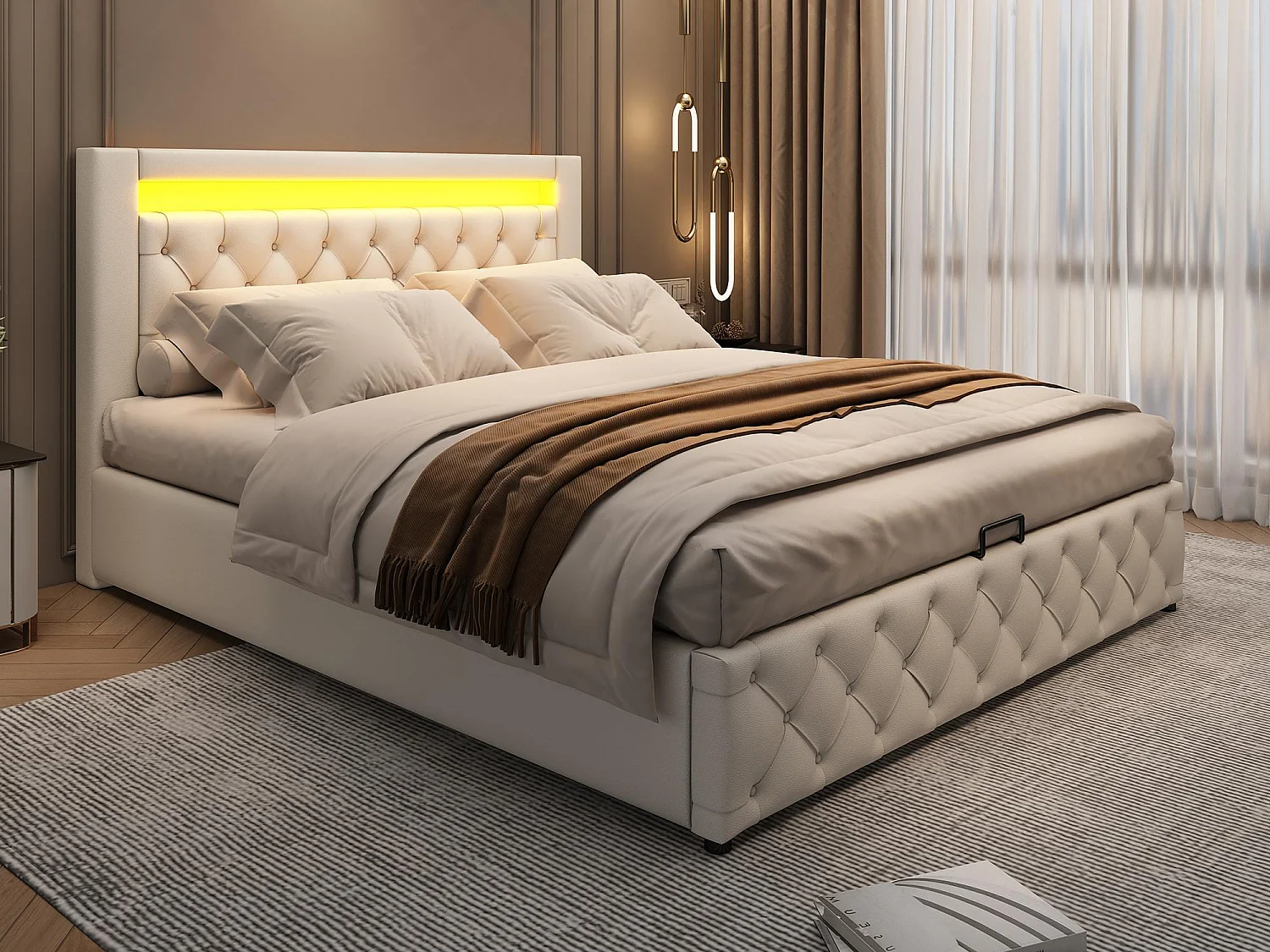 Łóżko z pojemnikiem pikowane 140x190 cm - z oświetleniem LED - z miejscem do przechowywania - z stelażem lamelowym - PU - Biały​ (materac nie jest wliczony w cenę) 4839088 - obrazek 1