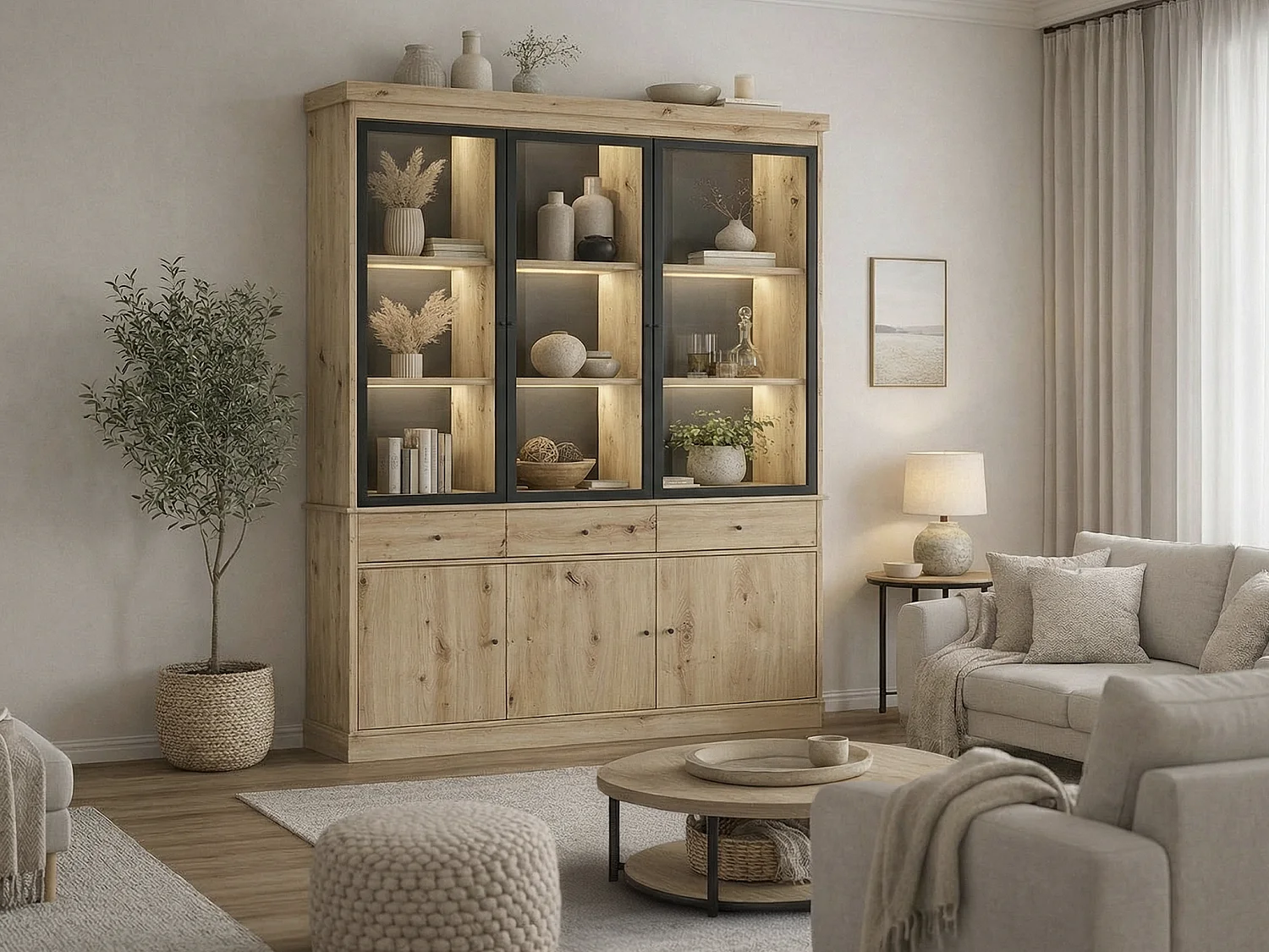 Witryna z szufladami i oświetleniem LED - Naturalny i czarny - MARSORIA 3923341 - obrazek 1