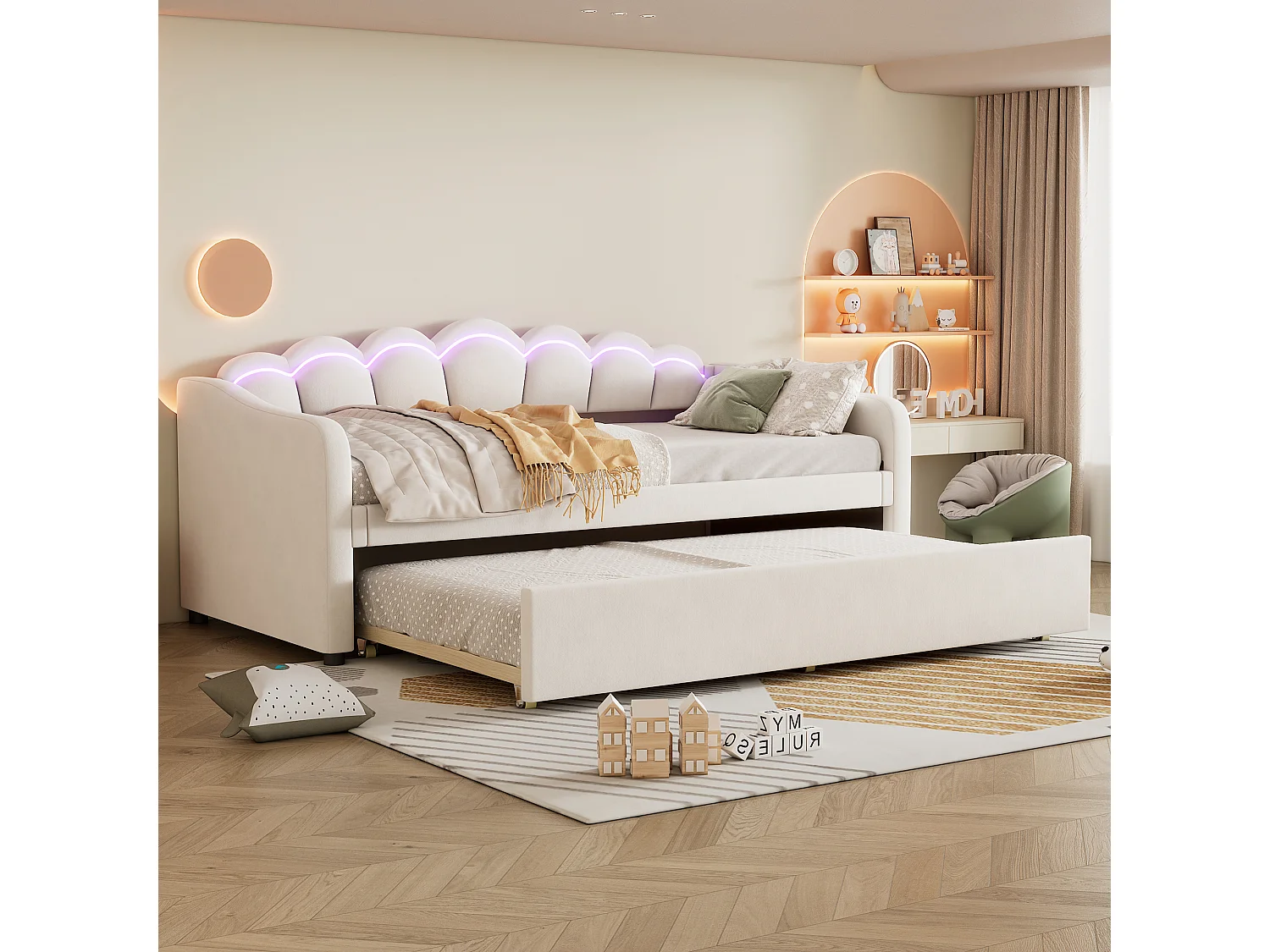 Łóżko wysuwane 90 x 200 cm + łóżko 90 x 190 cm, sofa rozkładana - welur - LED - kolor beżowy (bez materaca) 3453616 - obrazek 1
