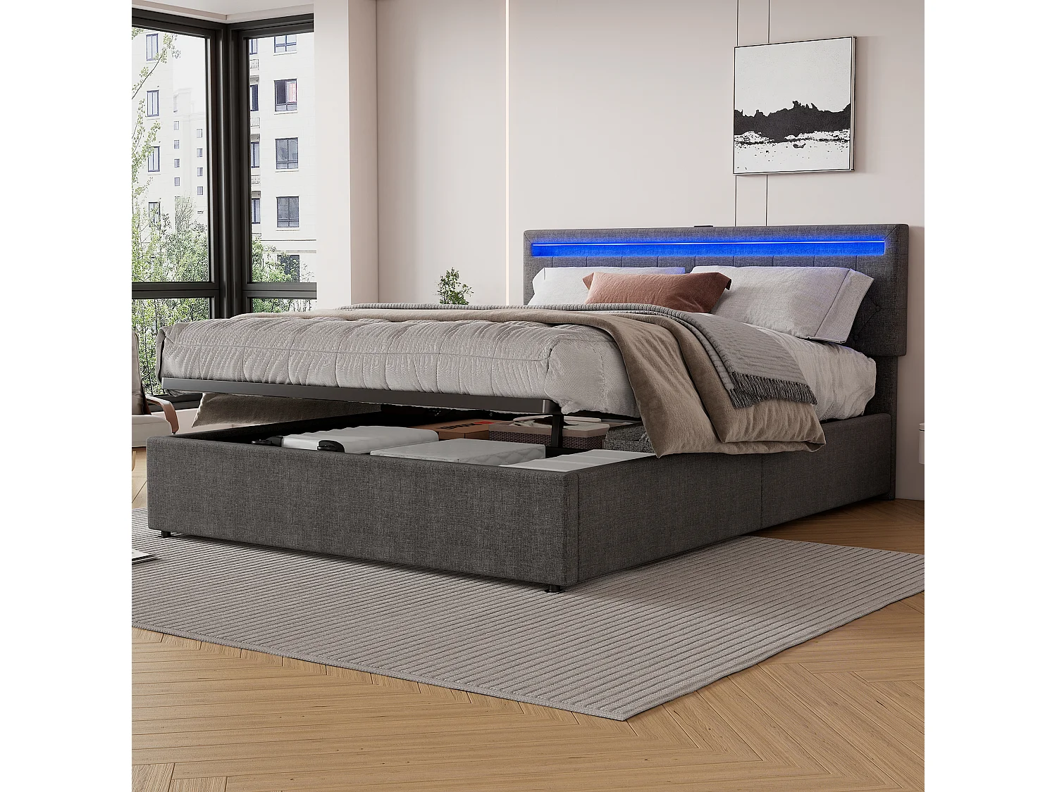 Łóżko z pojemnikiem 160 x 200 cm z portami USB i Type-C - Diody LED - Tkanina lniana - Szary 3295325 - obrazek 1