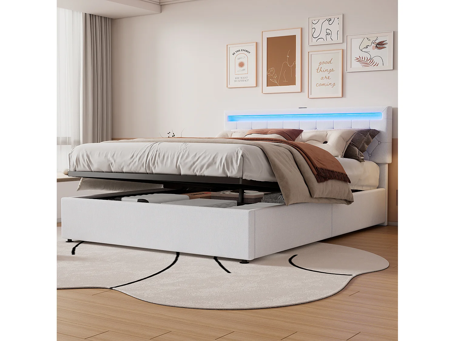 Łóżko z pojemnikiem 160 x 200 cm z portami USB i typu C - diody LED - tkanina lniana - kolor biały 3295314 - obrazek 1