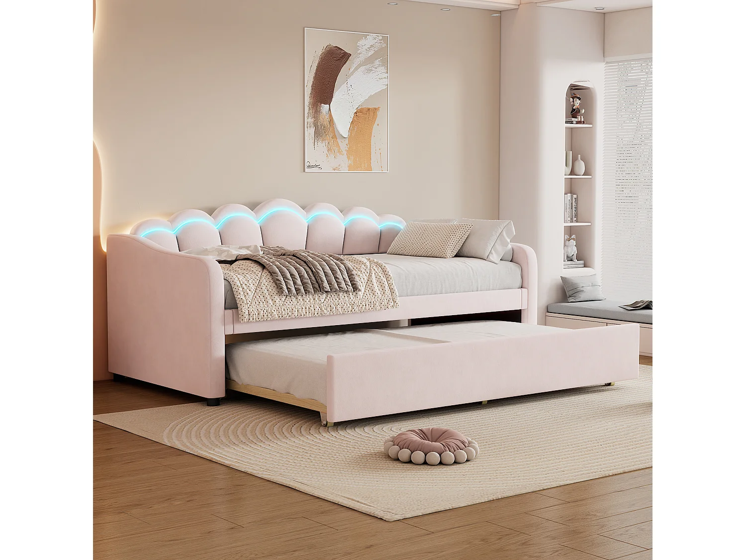 Łóżko wysuwane 90 x 200 cm + łóżko 90 x 190 cm, sofa rozkładana - welur - LED - kolor różowy (bez materaca) 3453623 - obrazek 1