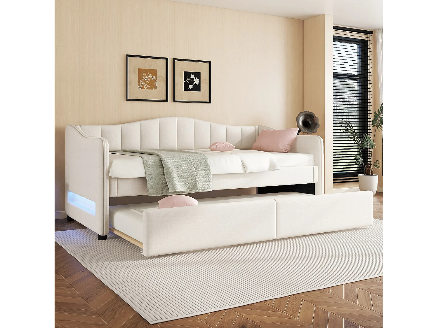 Łóżko wysuwane 90/180 x 200 cm z 2 szufladami - tkanina lniana - diody LED - beżowe (materac nie jest wliczony w cenę) 3453614 - obrazek 1
