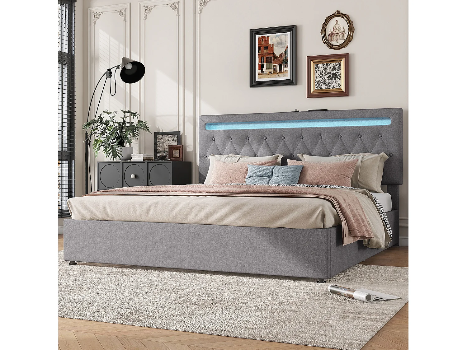 Łóżko z pojemnikiem na pościel 180 x 200 cm i zagłówkiem - port USB i diody LED - tkanina lniana - kolor szary 3295319 - obrazek 1