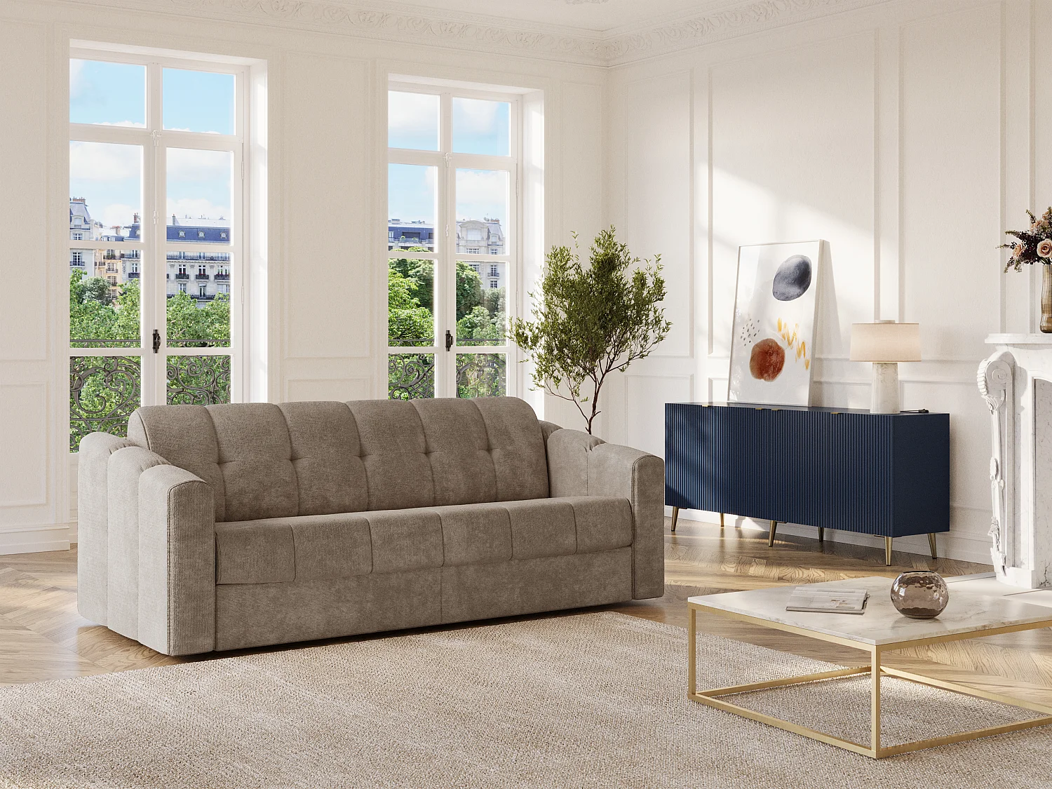 Kanapa 4-osobowa rozkładana z typu express , obita tkaniną teksturowaną w kolorze taupe - Powierzchnia spania na szerokich listwach 160 cm - Materac 18 cm - DARIELO 4210857 - obrazek 1